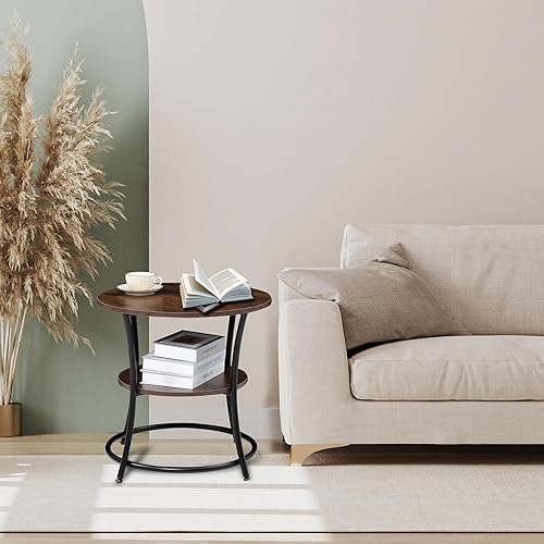 Miniatura 7 de BETTAHOME BT023 - Mesa auxiliar redonda de 2 niveles, mesa auxiliar con estante para sofá, ideal para sala de estar, marrón rústico y negro