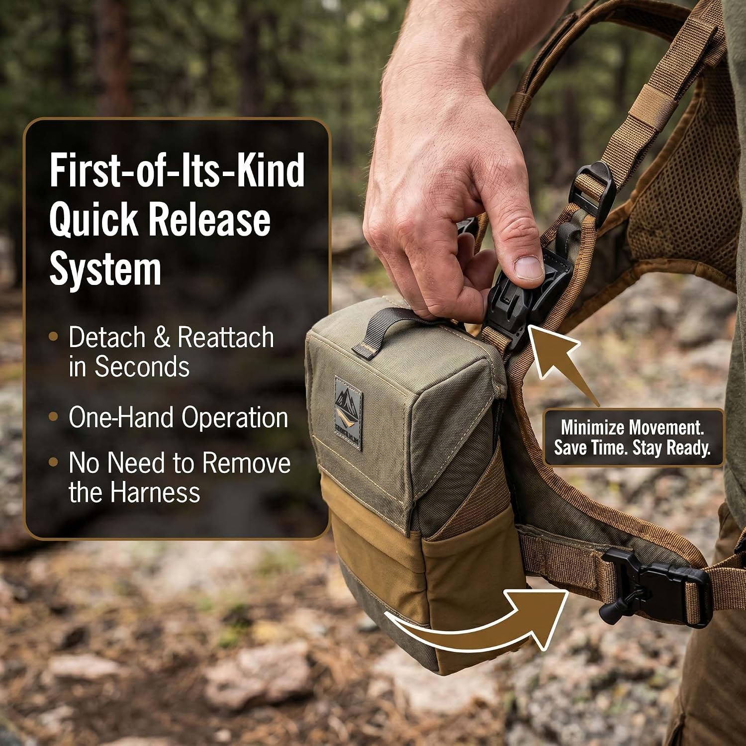 Quick Release Binocular Harness Chest Pack | One-Hand Operation Hunting Bino Harness with Front Pocket, Rain Cover & Accessory Attachment Points | Crafted with Strong 500D Cordura Fabric