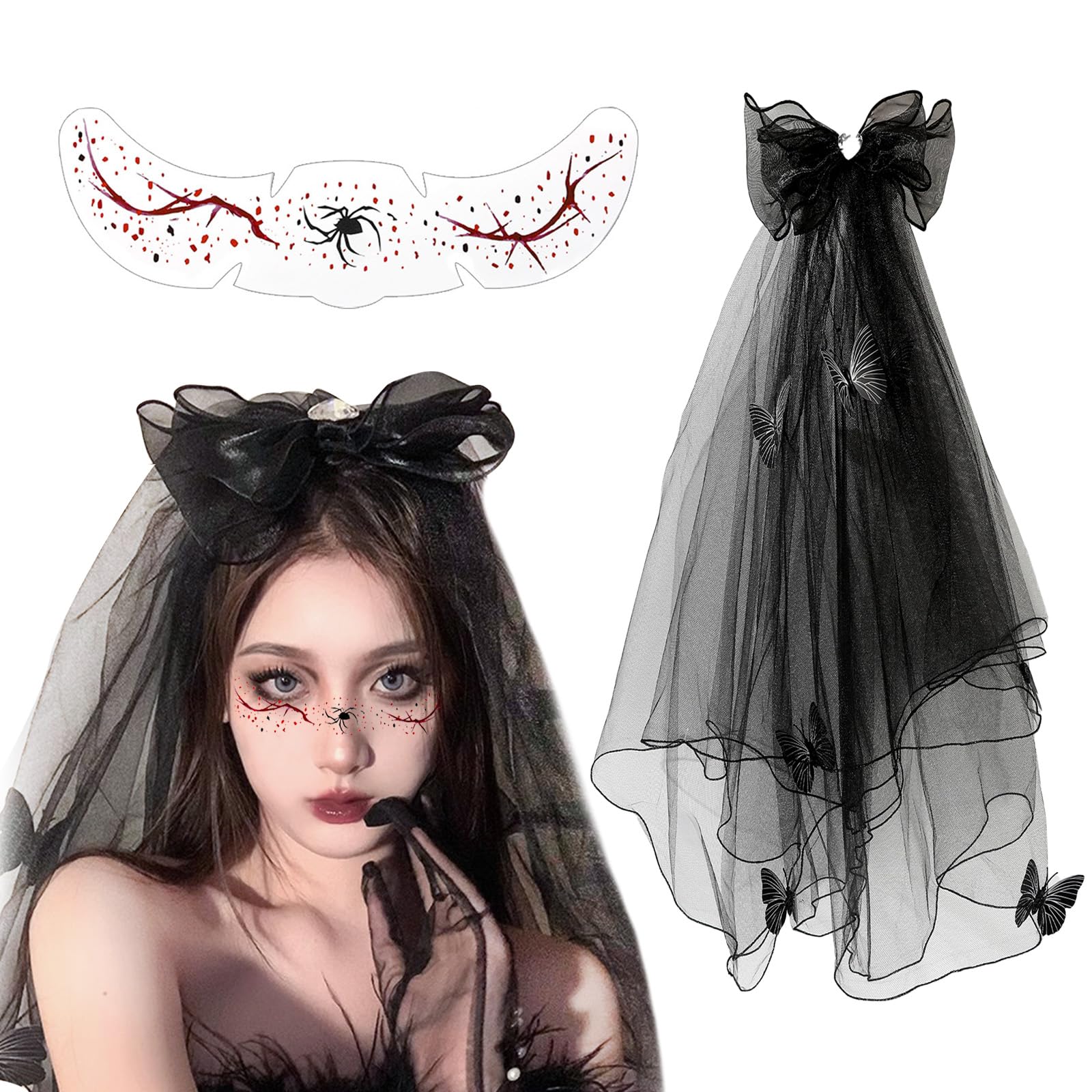 FOSDICK Halloween Day of the Dead Headband Veil, Women Halloween Costume, Black Butterfly Veil With Hairclip