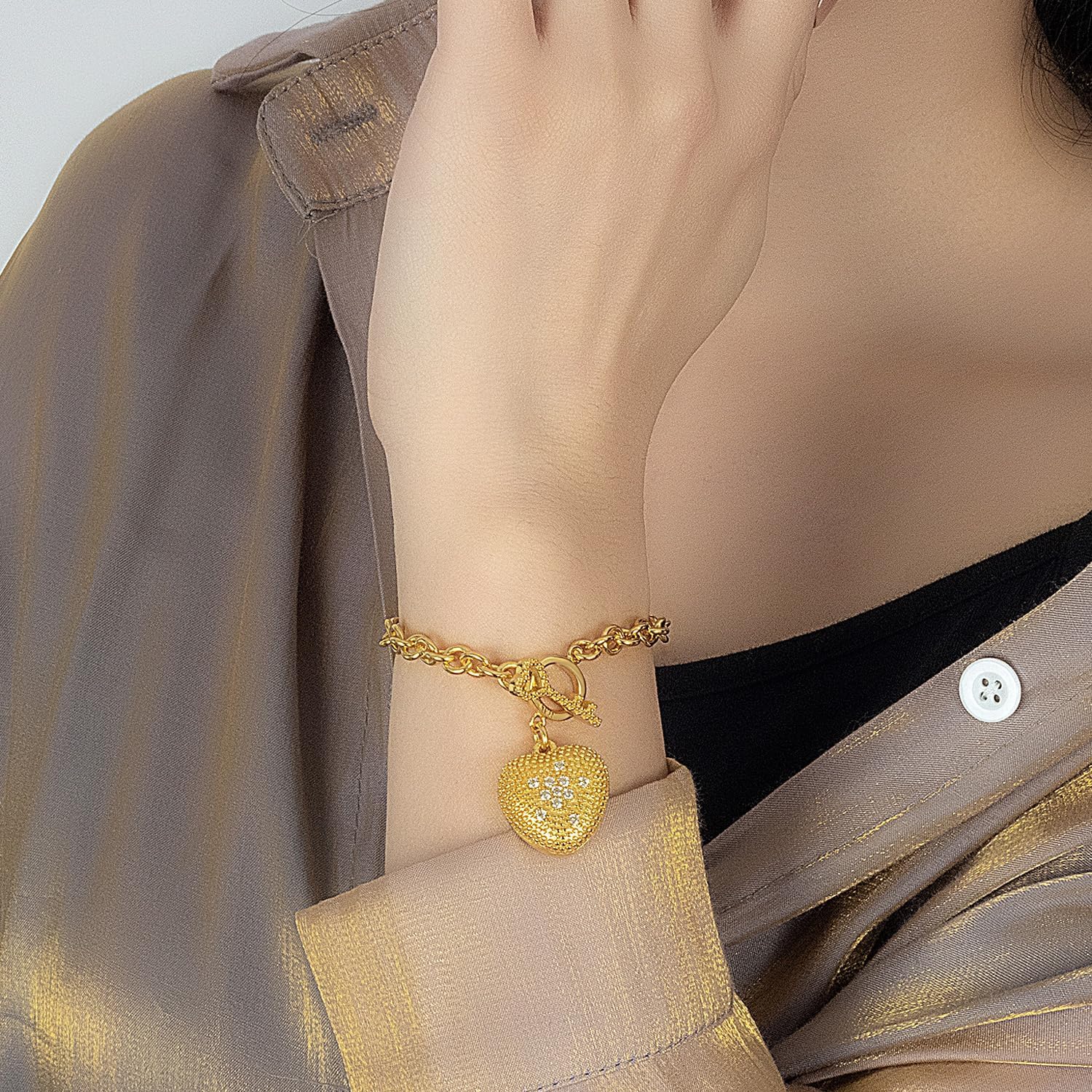 Dankadi Charm Women 925 Sterling Silver Key Lock Pendant Bracelet Fashion Solid Silver Rolo Chain Bangle Fine Jewelry Gift For Wife & Girlfriend (Gold Heart Style, 6.3 inch) - Image 2