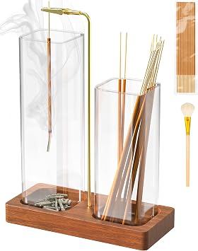 2 in 1 Incense Holder with Glass Jars, Large Incense Holder for Sticks, Upside Down Incense Burner with Ash Catcher & Storage for Meditation Yoga Spa Home Decor - 20 Incense Sticks & Brush