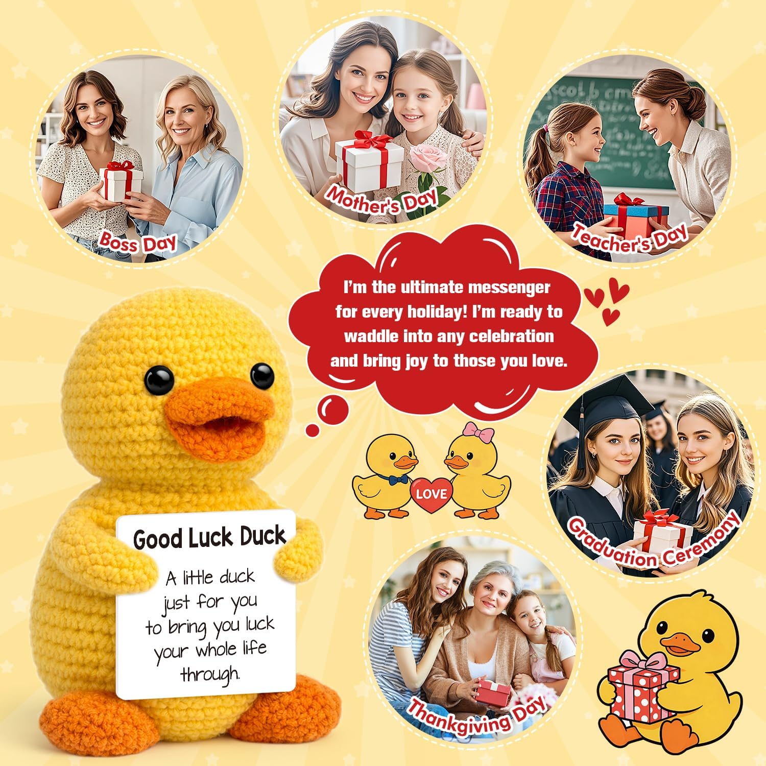 Good Luck Card Gifts for Women Men Him Her,Crochet Duck Gifts with Best Regards Card,Funny Encouragement,Graduation,New Job,Exam,Get Well Soon Lucky Gift for Coworkers Friends Team Student