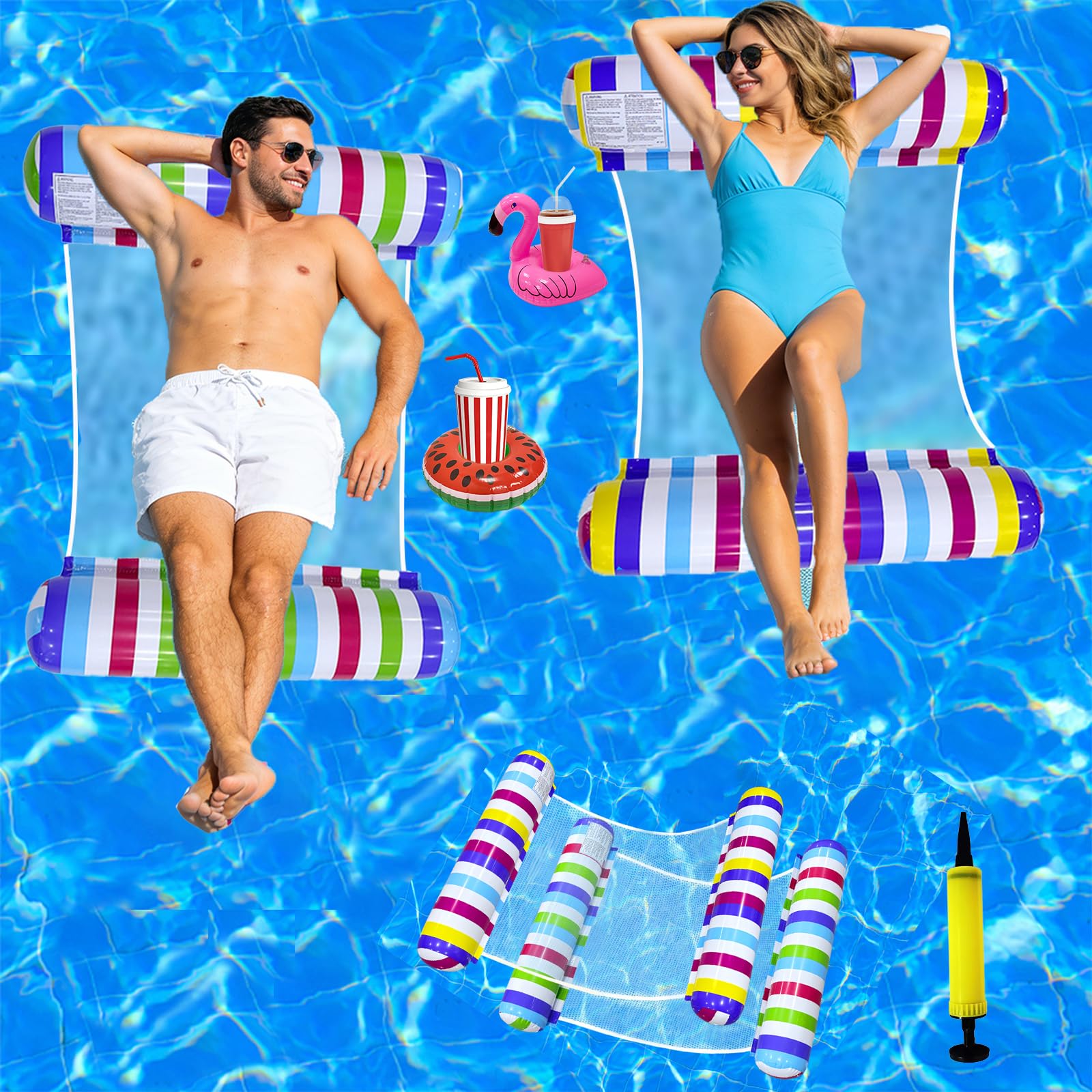 2 Pack Pool Inflatables for Adults, Inflatable Pool Floats with 2 Inflatable Drink Holders, 4-in-1 Water Hammock for Swimming Pools, Portable Swimming Pool Hammock Lounger