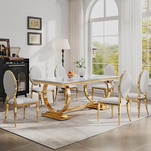 Miniatura 14 de Juego de 6 mesas de comedor de mármol de lujo, mesa de cocina de mármol sintético doble en forma de O de 70 pulgadas con 6 sillas ovaladas de cuero