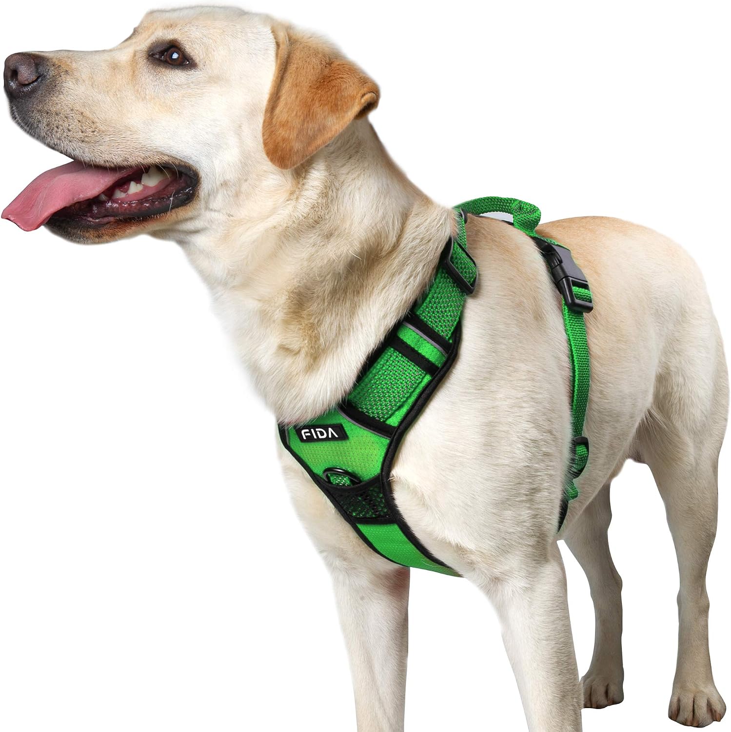 Fida Dog Harness Full Reflective Design, No-Pull Pet Vest Harness with 2 Leash Clips, Adjustable Soft Padded with Easy Control Handle for X-Large Dogs(XL, Green)