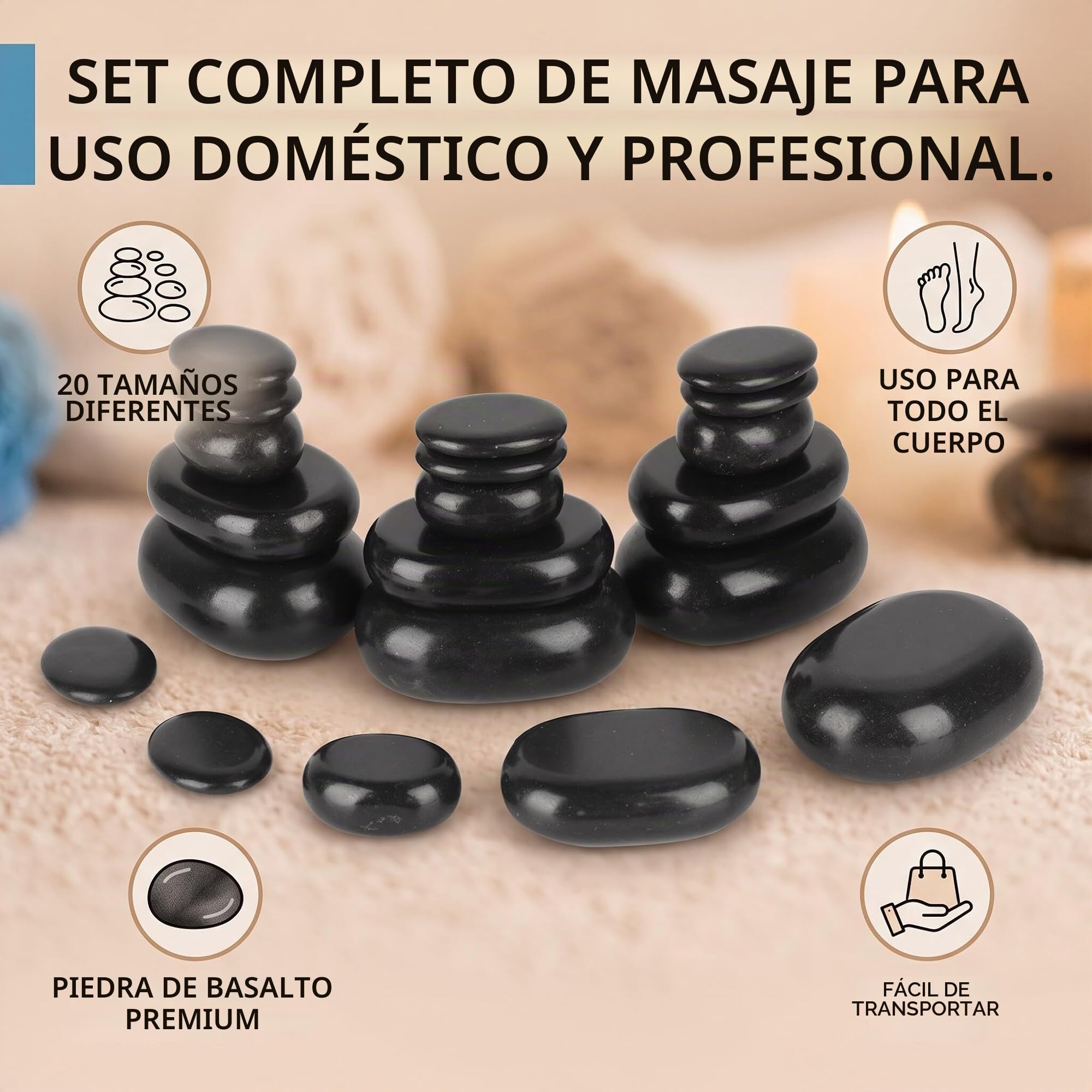 Kit de Masaje con Piedras calientes, 20 Piedras de Masaje de Basalto Piedra de Base caliente, Masajeador de Piedra caliente, para Spas Terapia de Masaje Relajación