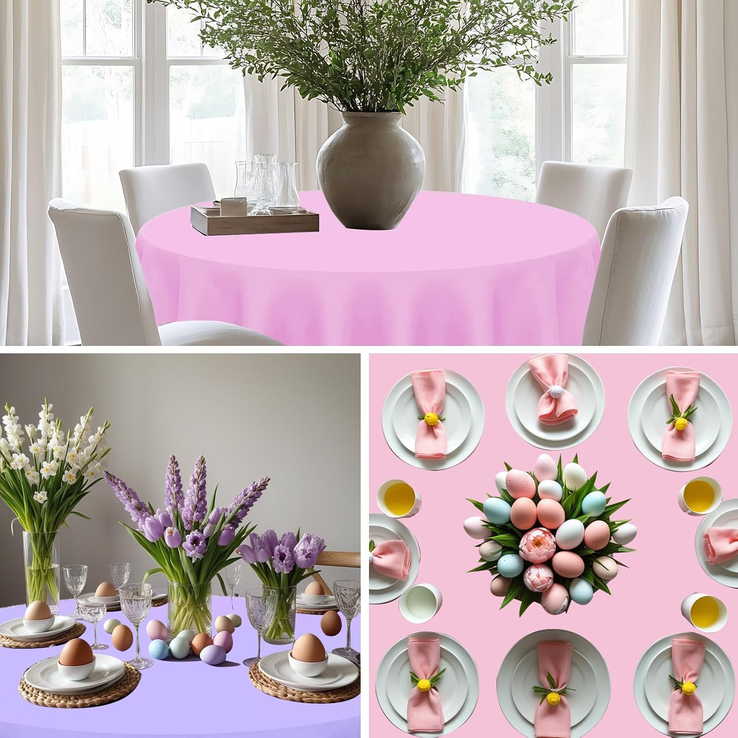 12 Pcs Spring Easter Plastic Tablecloths, Disposable Round Blue Pink Green Purple Yellow Table Cover 84 Inch Waterproof Table Covers for Spring Easter Birthday Wedding Bridal Shower Party Decorations