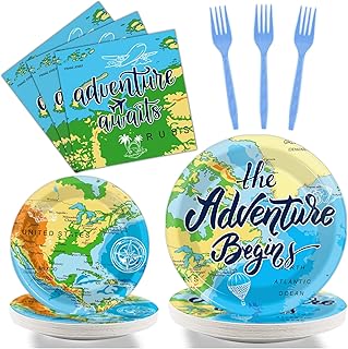 Wiooffen Adventure Awaits 96 Pcs Travel Map Party Supplies - 24 Guests - Blue, Word Map Plates, Napkins, Forks - Birthday Party Decoration