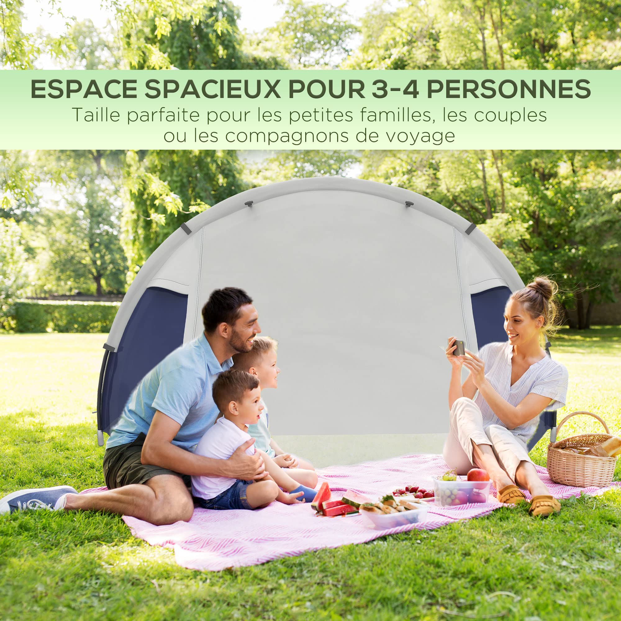 Outsunny Tente de Camping 3/4 Personnes dôme légère, Facile à Monter | Tente 3 places, ventilée, portes zippées, sac inclus, Oxford 320 x 240 x 130 cm, bleu foncé gris clair