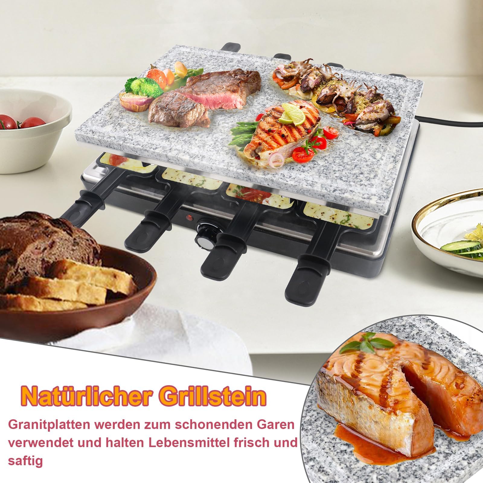 UISEBRT Raclette Grill für 8 Personen,1400W Elektrogrill mit Granitplatte & Grillplatte Antihaftbeschichtung Elektrisch Grillpfanne Set Tischgrill für Party Camping Weihnachten