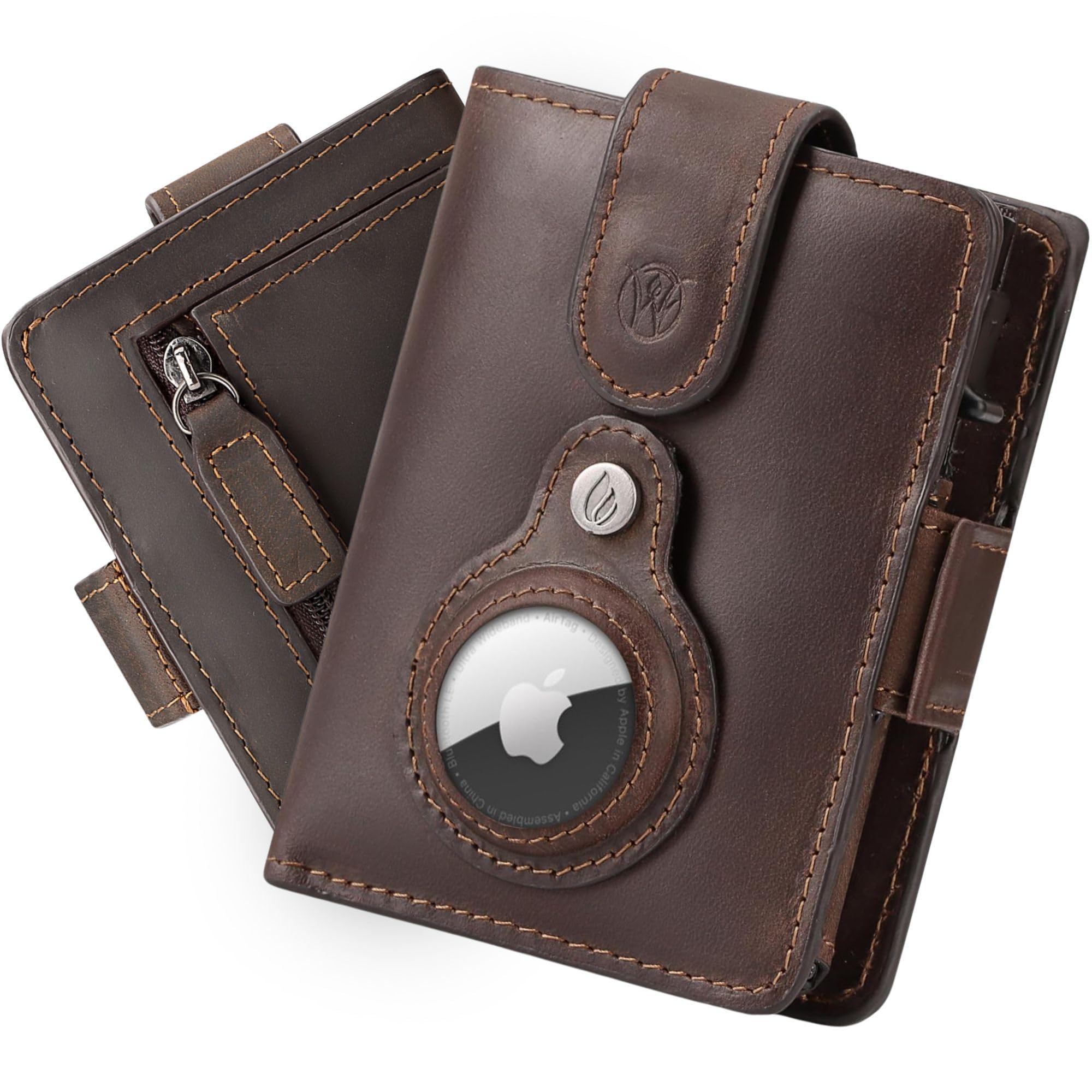 Will Fire® AirTag Wallet mit Photokapsel | Inkl. Airtag Anhänger | Echtleder Geldbörse mit Münz- & Scheinfach | Extra gesichertes RFID Kartenetui | Platz für bis zu (12) Karten