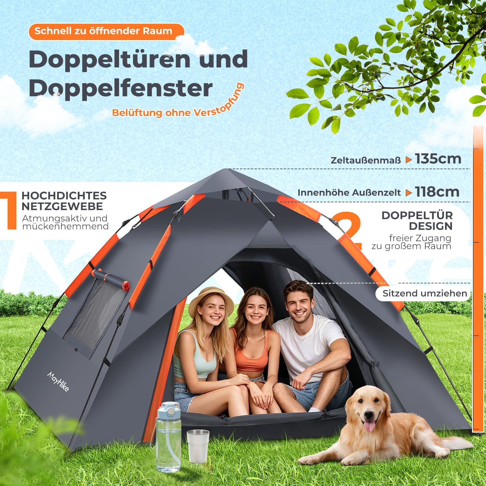 Camping Zelt 2 Personen Wurfzelt – Automatik Pop Up Zelt wasserdicht 3000mm mit 2 Türen und 2 Fenster, atmungsaktiv & luftdurchlässig, schnell aufbaubar für Camping, Strand & Festival (2.3×2.3×1.35m)