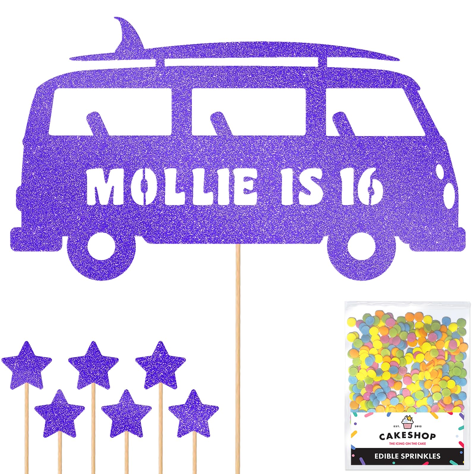 Personalised 60's Camper Surfer Surf Glitter Cake Topper- Blue Any Custom Age & Name Glitter Cake Decoration and Sprinkles - Happy Birthday Decorations - Personalised Toppers for Cakes by Cakeshop