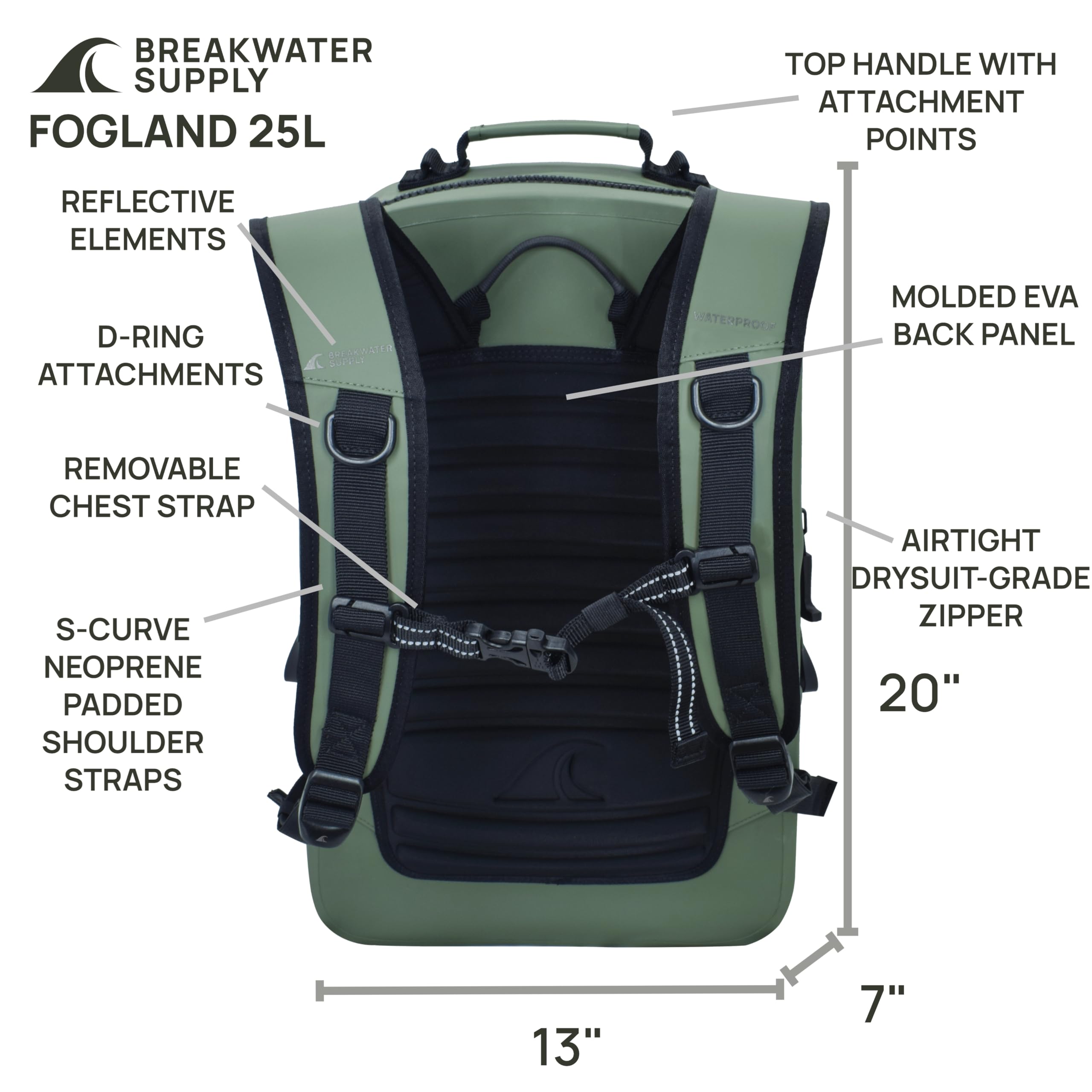 Breakwater Supply™ Fogland Tauchrucksack, wasserdicht, IP68, mit luftdichten Reißverschlüssen, Laptop, Reisen, im Freien, 25 l, 20 l, 15 l