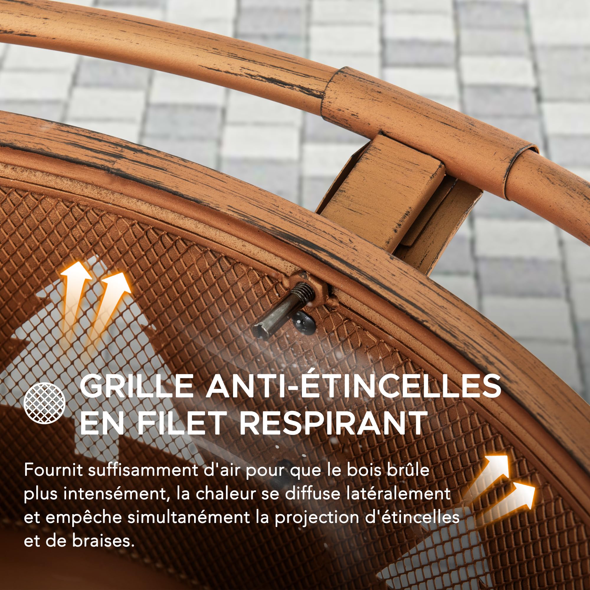 SUNJOY Foyer de Jardin, diamètre 76 cm, Brasero Rond en Acier avec Grille Pare-étincelles et tisonnier, Foyer à Bois d'extérieur pour terrasse, Couleur cuivre, Design Sapin de Noël