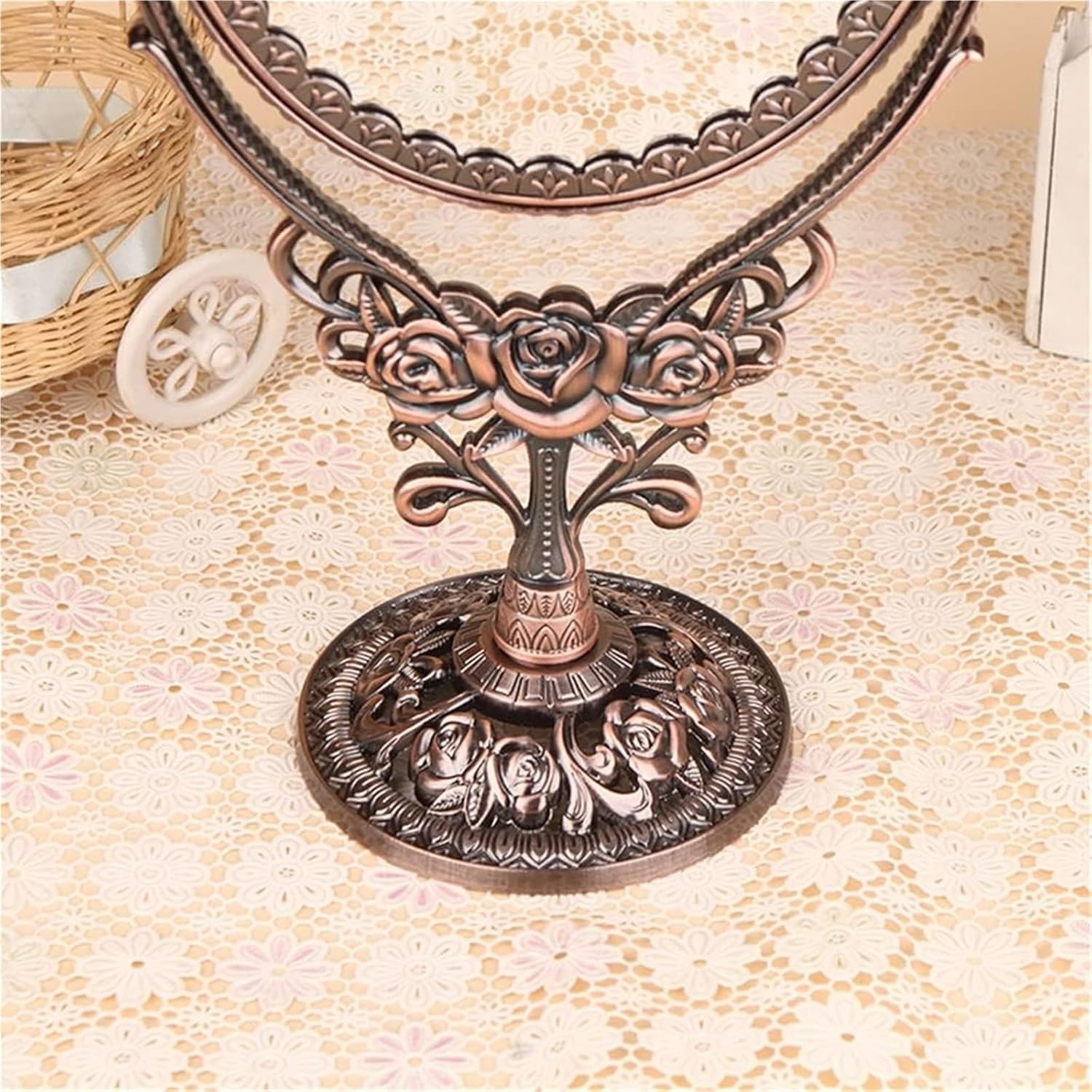 European Style Retro Desktop Double-Sided Makeup Mirrors Large Metal Vanity with Enlarged Beauty