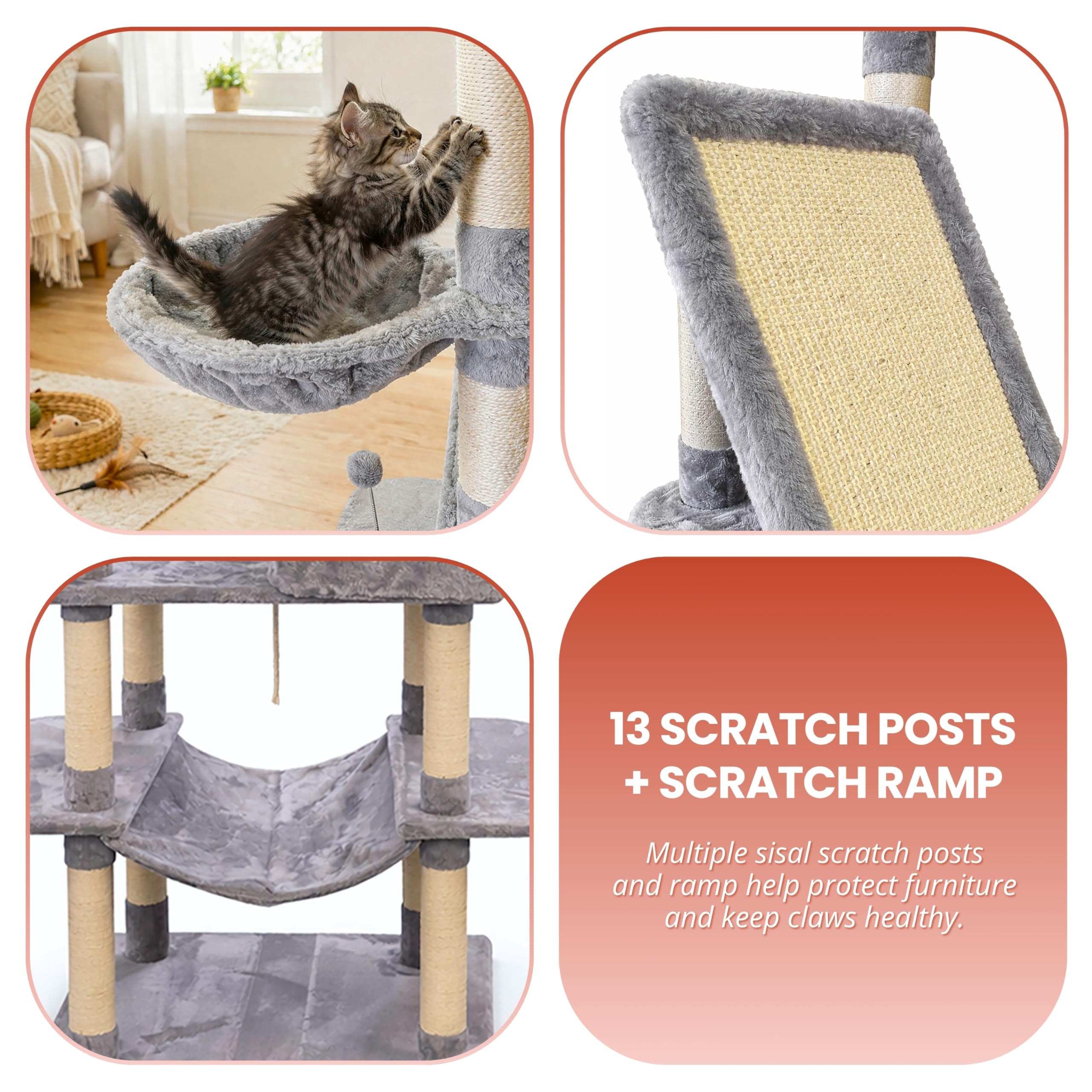 Garden Mile Torre de árbol de lujo extra alta de 2 m para gatos grandes, centro de actividades para gatos de varios niveles con 13 postes rascadores de sisal, rampa para rascar, 3 casas, hamacas