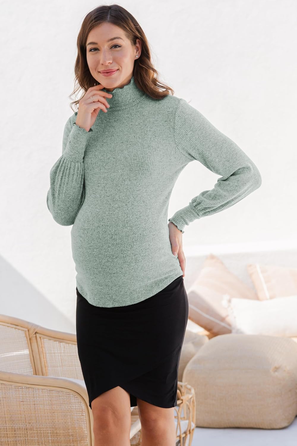 Women's Mock Neck Long Sleeve Ribbed Knit Maternity Top