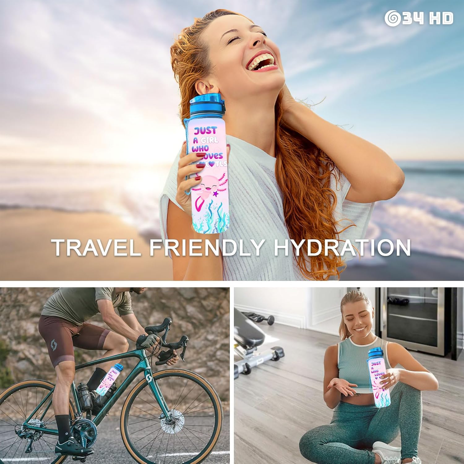 34HD Axolotl Gifts for Girls, 32 oz Water Bottle with Times to Drink, Motivational Tritan Frosted Water Bottle with Strap, Perfect Valentine Day or Birthday Present for Him Her - Image 7