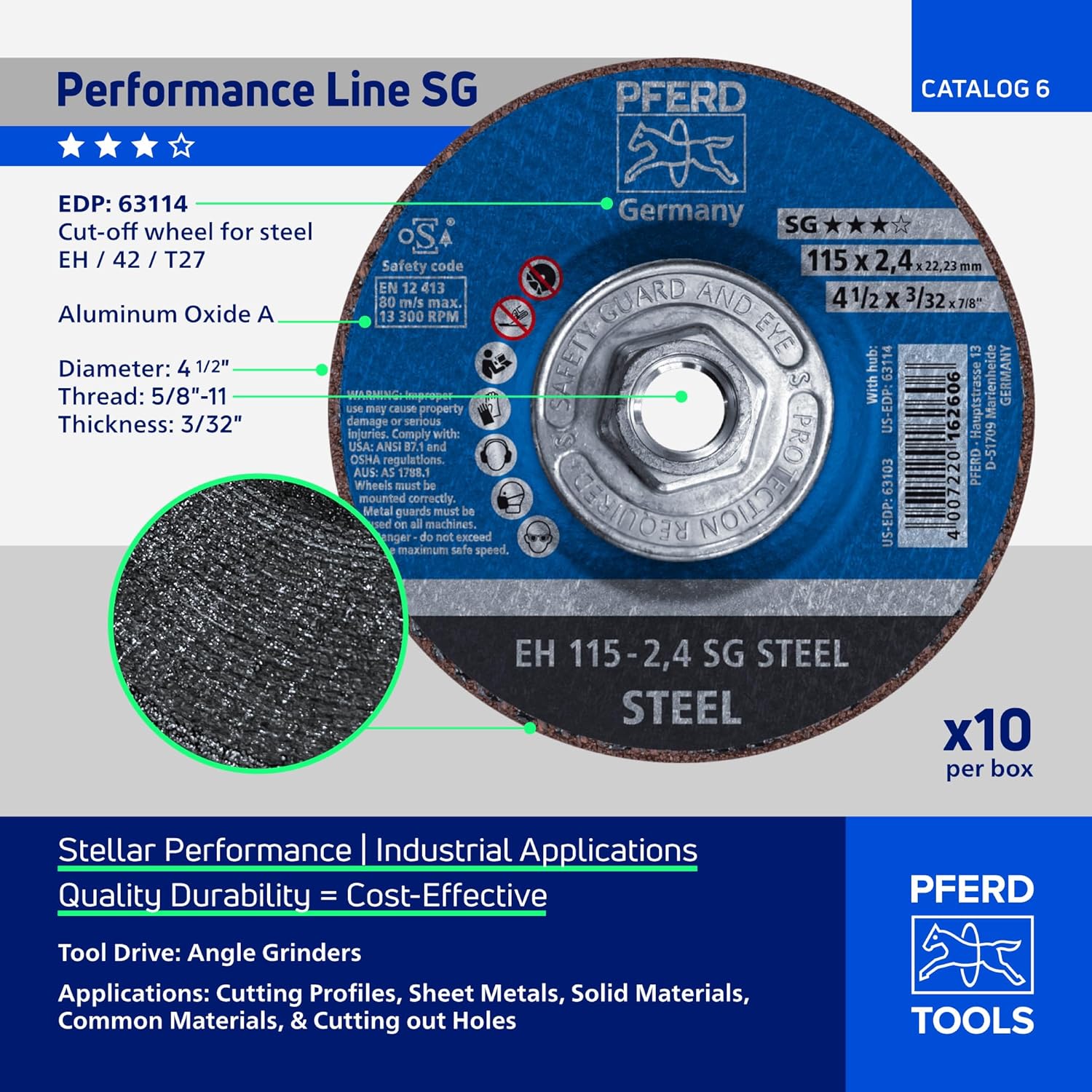 PFERD SG Steel Type 27 Cut-Off Wheel, 4-1/2" x 3/32" x 5/8"-11, Aluminum Oxide, 13,300 RPM – High-Performance Metal Cutting Disc for Steel & Stainless Steel (Pack of 10) – Part 63114