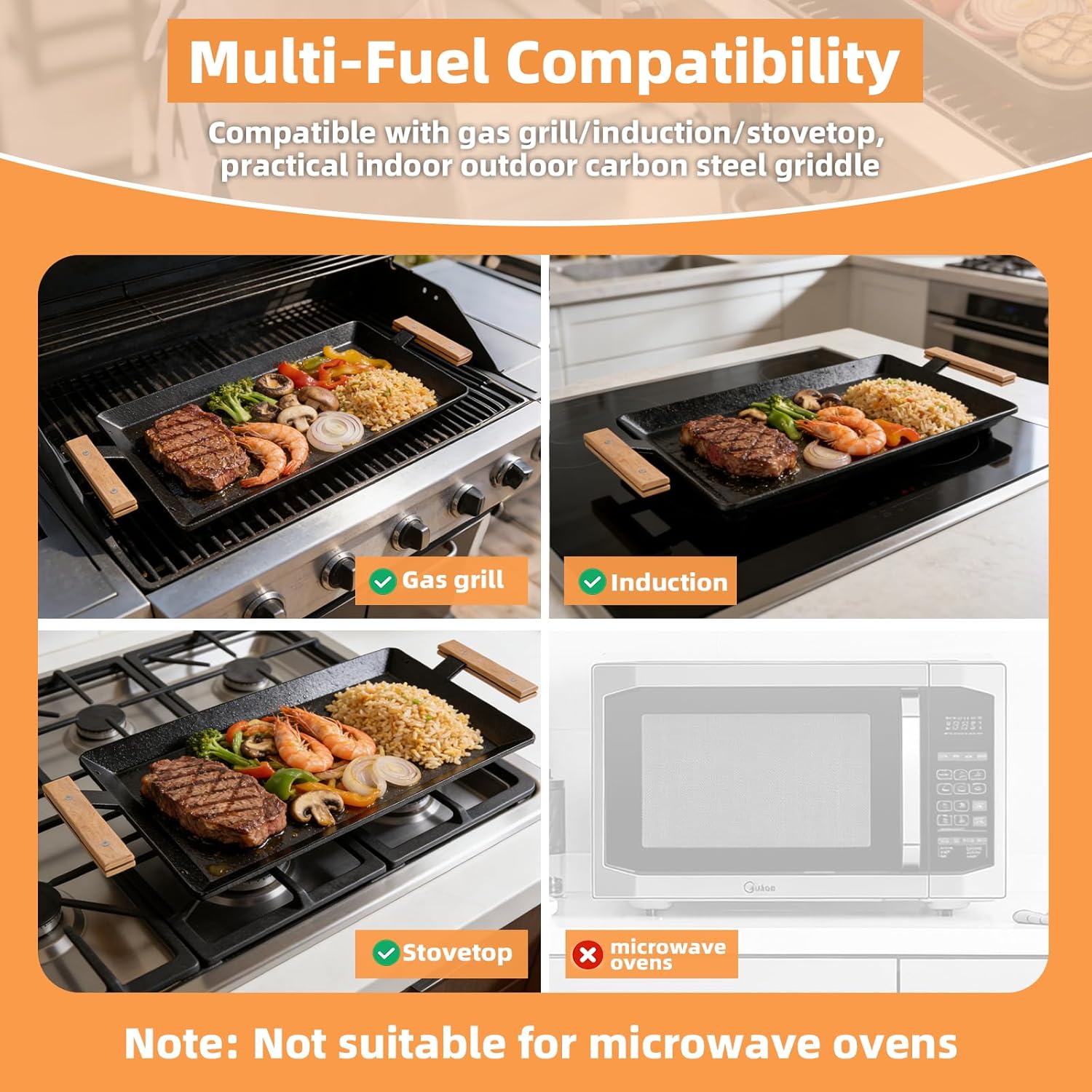 24 In Universal Large Carbon Steel Griddle, Pre-Seasoned for Double Burner Stovetop Induction and Gas/Charcoal Grill Griddle with Anti-scald Wooden Handle- Professional Cookware for BBQ