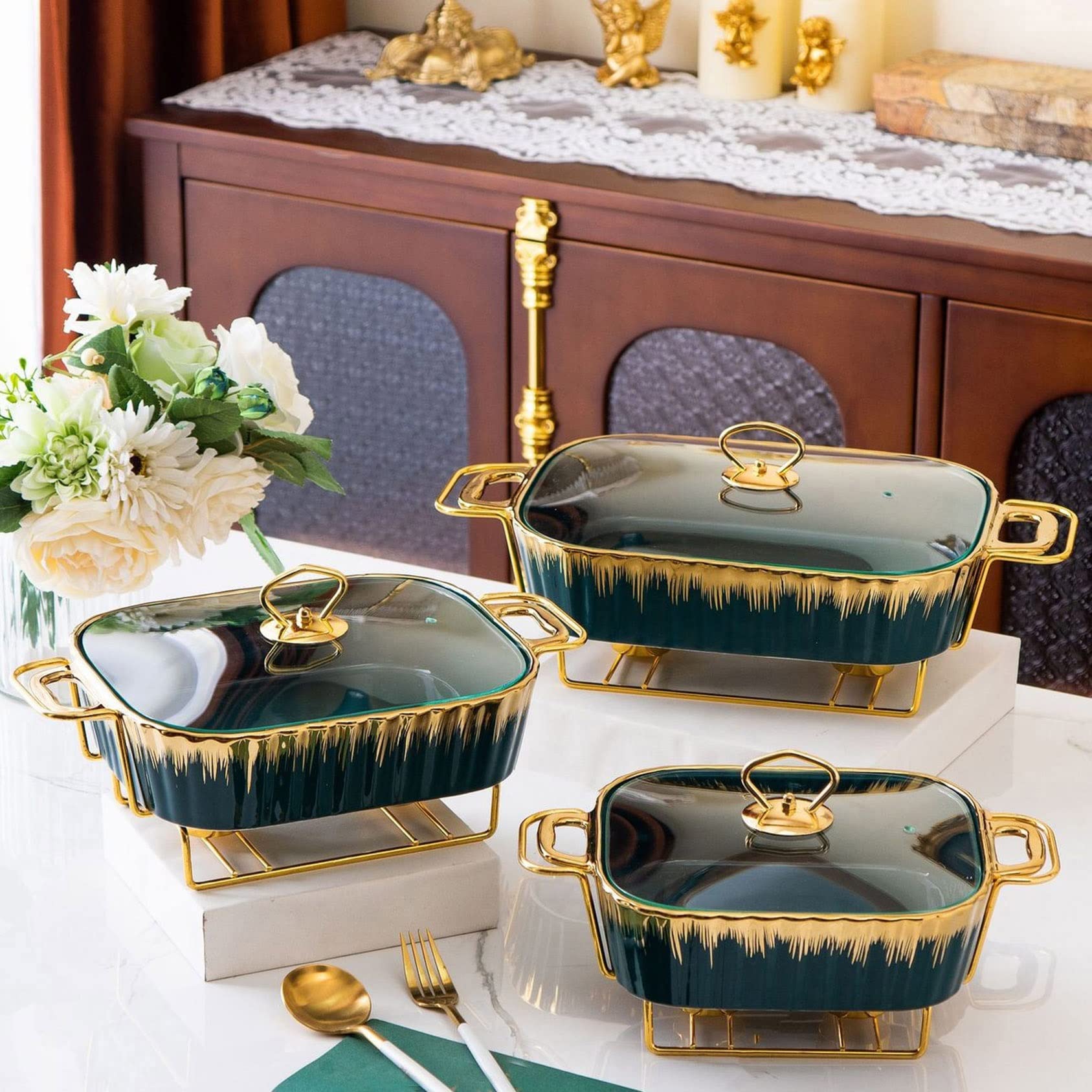 Juego de platos de cerámica para servir bufé, calentador de alimentos para eventos, bodas, banquetes y catering, capacidad de 1,8 L, ideal para fiestas, acabado negro