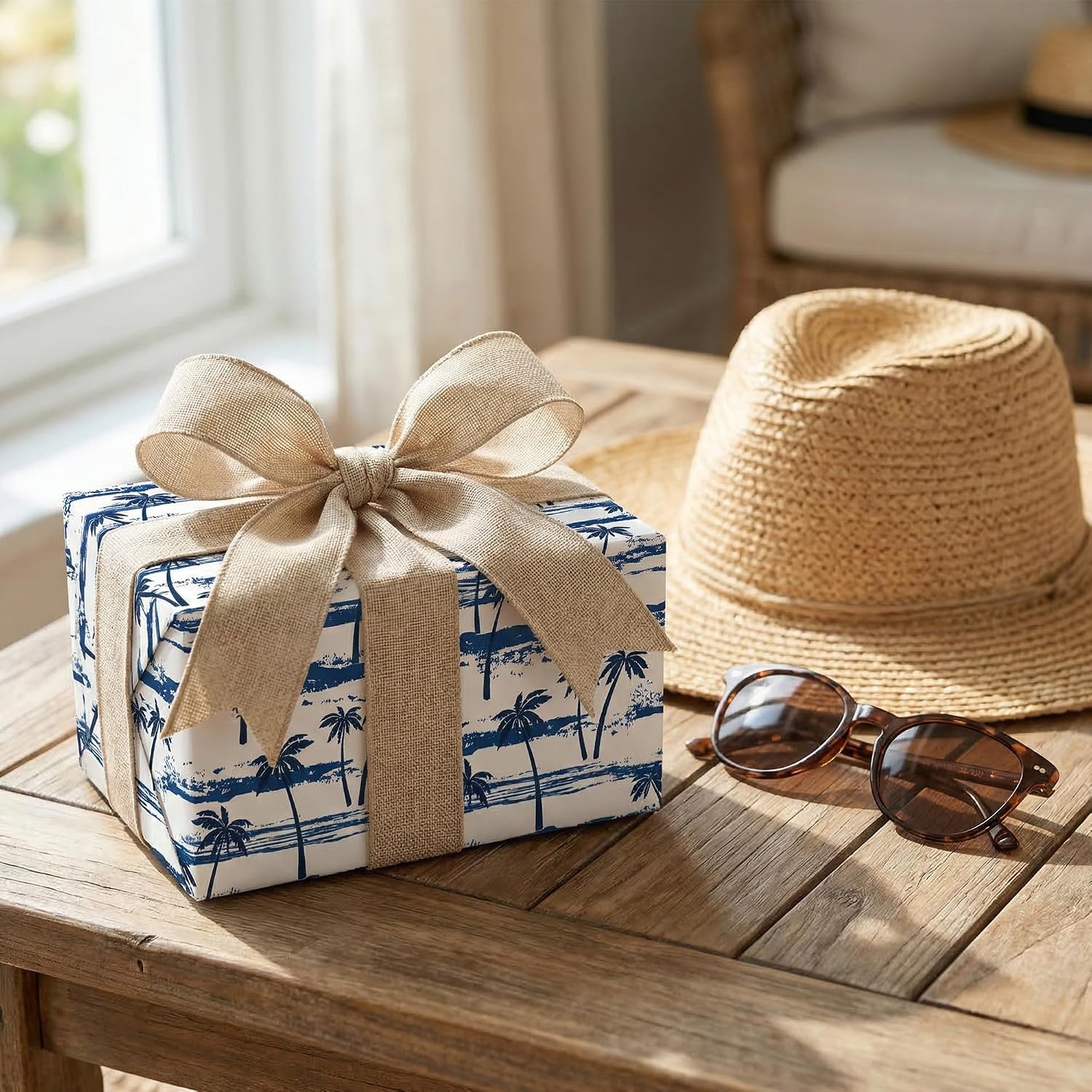 SaringSwoon Blue Ocean Wrapping Paper - Navy Blue Gift Wrap with Coastal Palm Tree and Beach Design for Summer, Birthday, Baby Shower, Father's Day - 28×40 Inches, 4 Jumbo Folded Sheets image 5