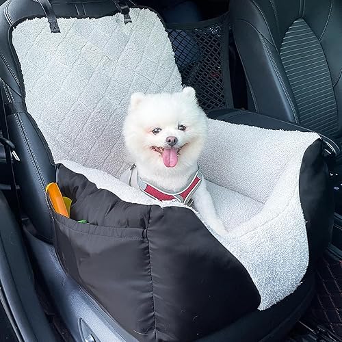 Asiento de automóvil para perros pequeños, asiento de automóvil para mascotas con bolsillo de almacenamiento y correa de seguridad con clip, el