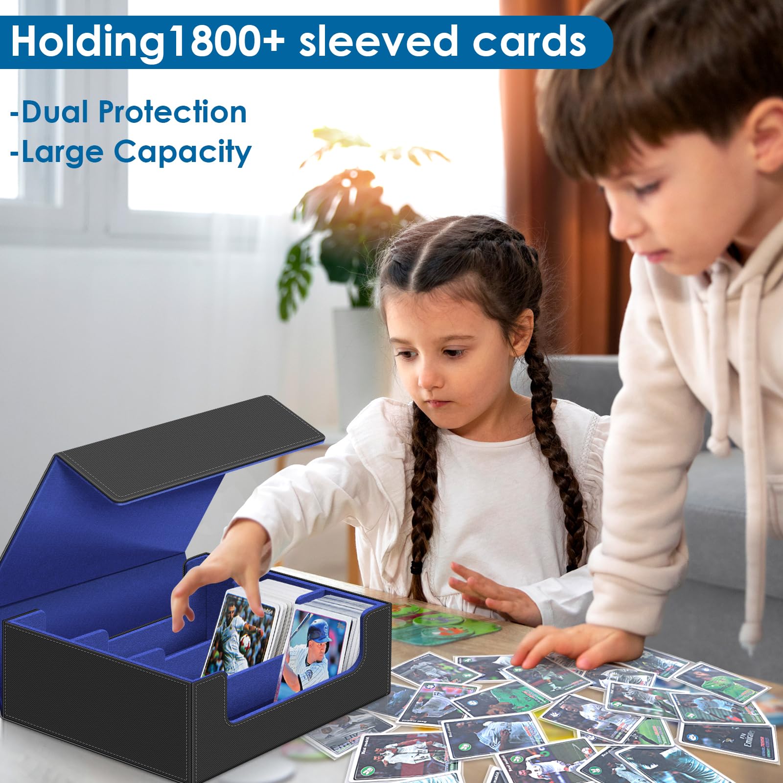 1800+ Card Deck Case for Trading Cards, Leather Magnetic Closure Commander Card Storage Box Magic Card Holders Fit for YuGiOh, MTG and Sport Cards (Deep Blue)
