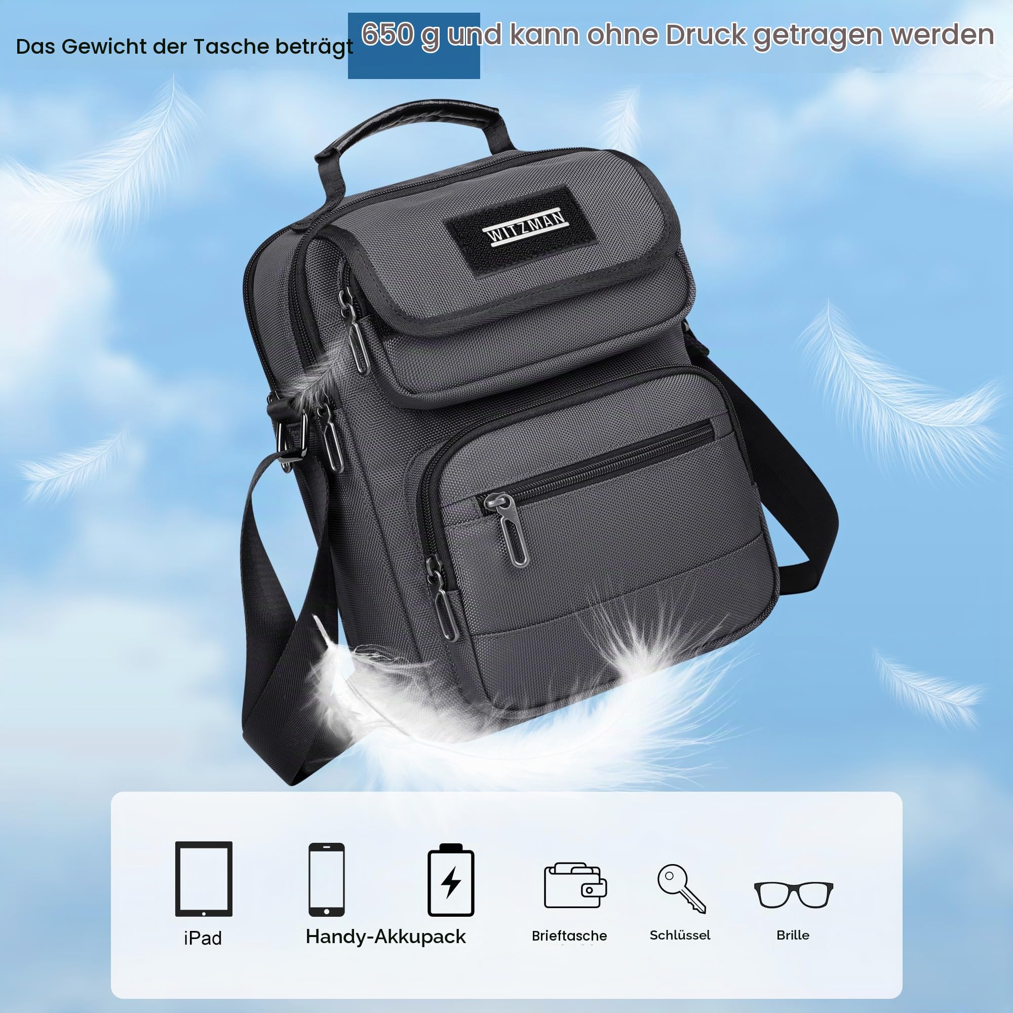 WITZMAN Umhängetasche Herren Handtasche Leicht Fit 11 Zoll IPad Schultertasche Herren Crossbody Shoulder Bags für Geschäftsreisen