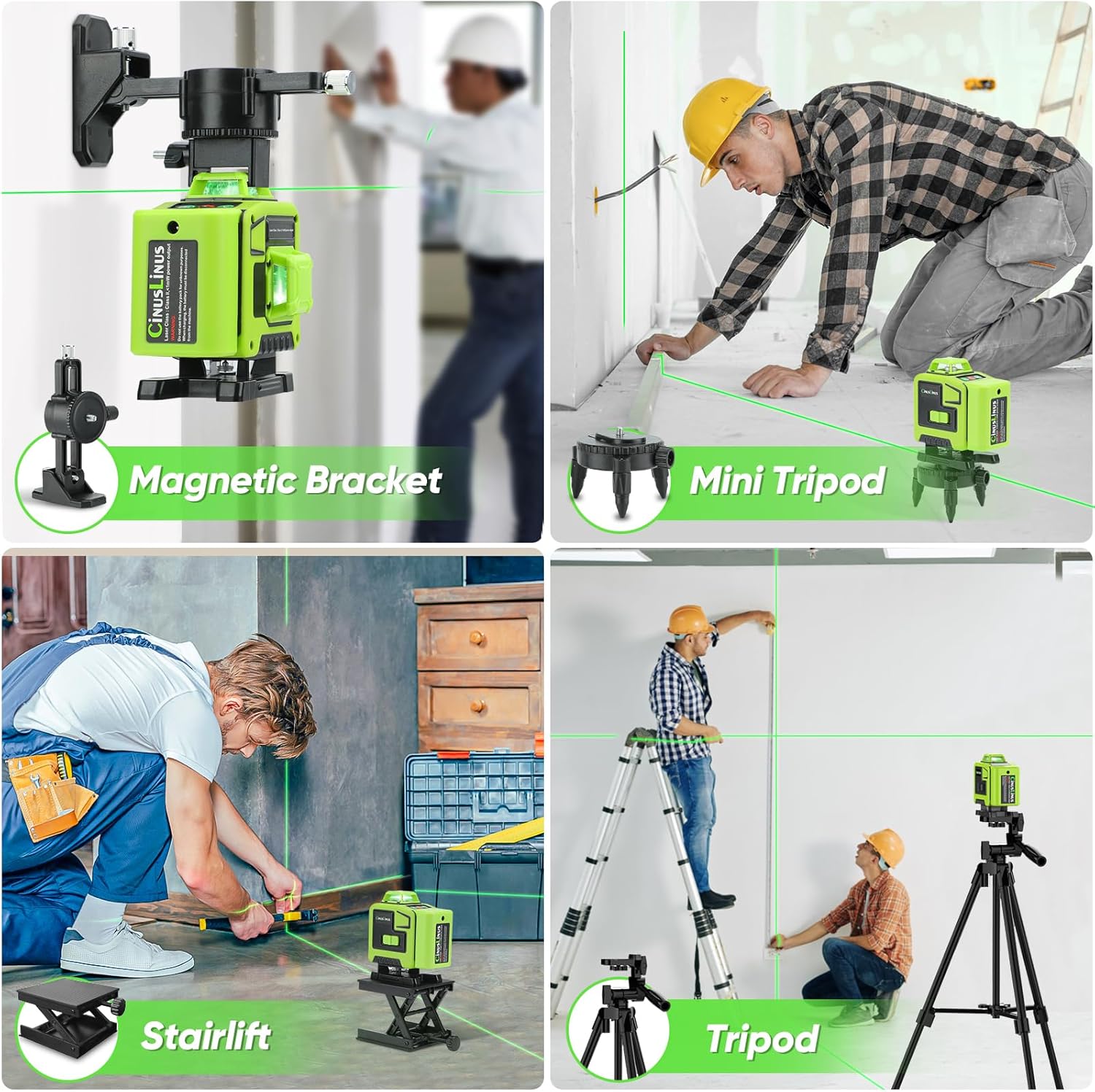 Four panels showing different mounting methods: Magnetic Bracket on a pipe, Mini Tripod on the floor, Stairlift for floor level, and standard Tripod for general use.