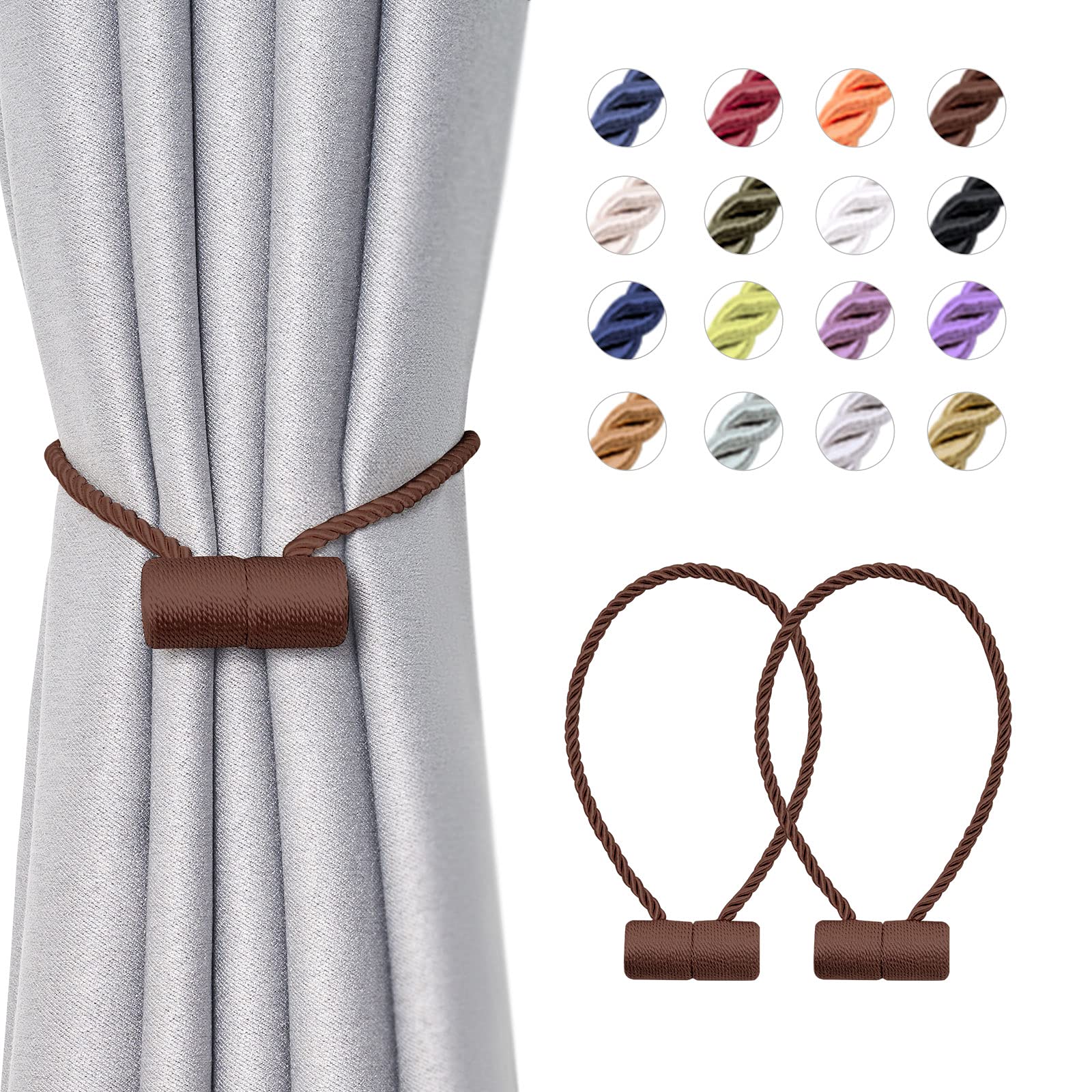 NICEEC 2 Pack Upgrade Magnetic Curtain Tiebacks 16 Inch Handmade Weave Rope Curtain Holdbacks Convenient Decorative Cylinder Curtain Drape Tie Backs for Home & Office Window Drapery (Deep Coffee)