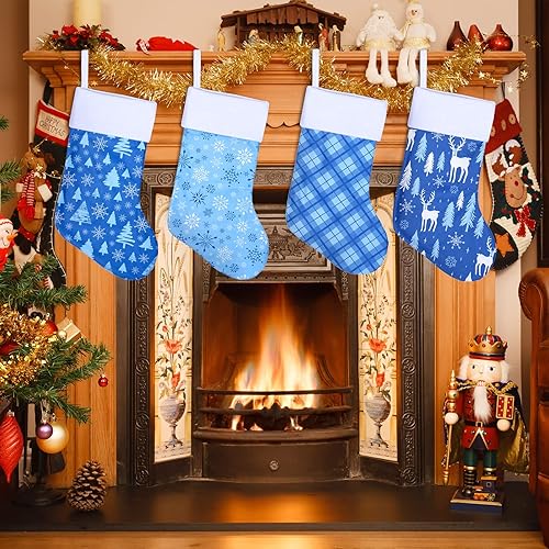 Miniatura 6 de Whaline Juego de 4 medias de Navidad, medias de franela de 18 pulgadas de tamaño grande con copos de nieve, diseño de reno de árbol de Navidad para