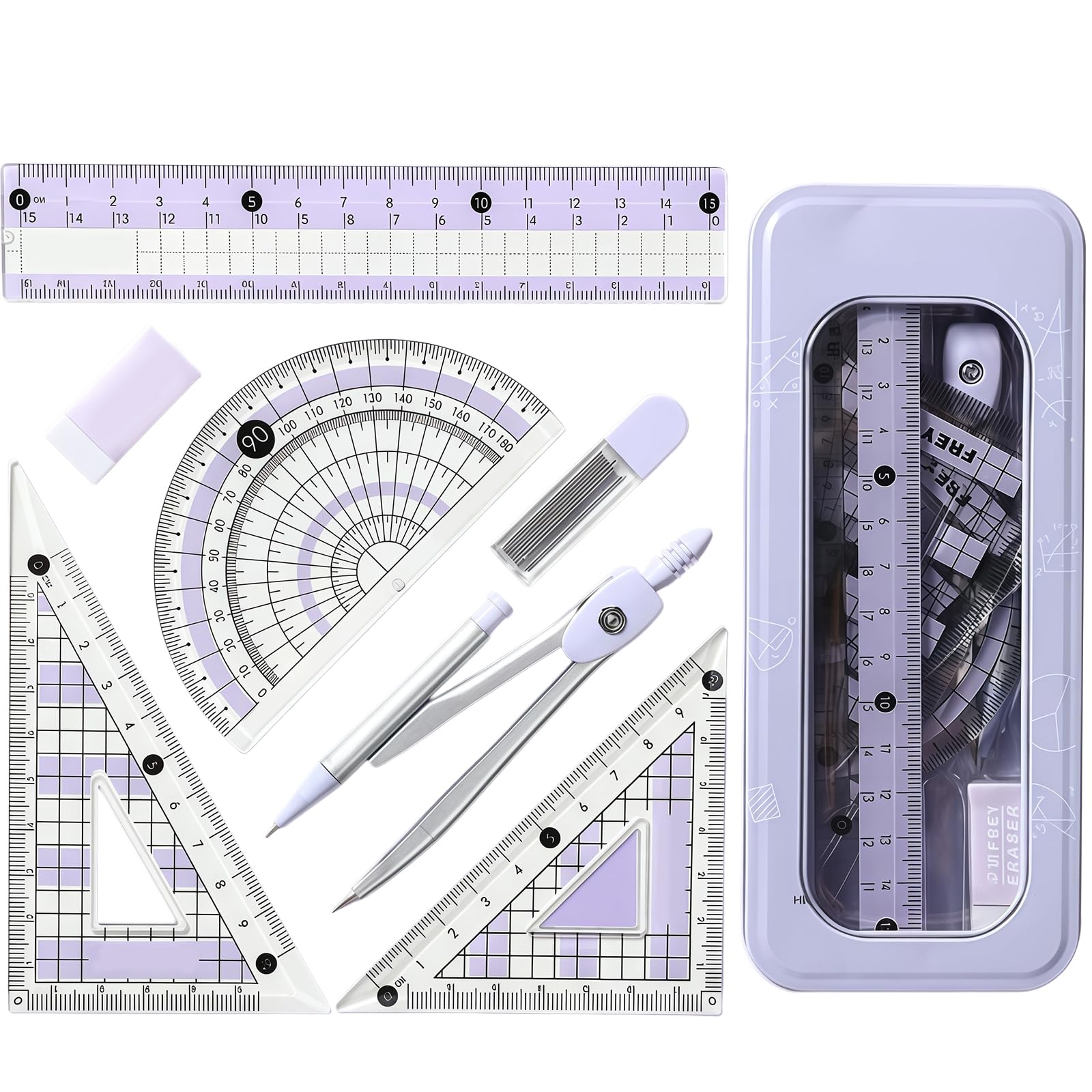Protractor And Compass Set- Geometry Sets for Secondary School Stationery Supplies Purple Aesthetic Cute Math Kit Maths Set Kids Drawing Equipment Box, for Girls Students Teaching(Purple)
