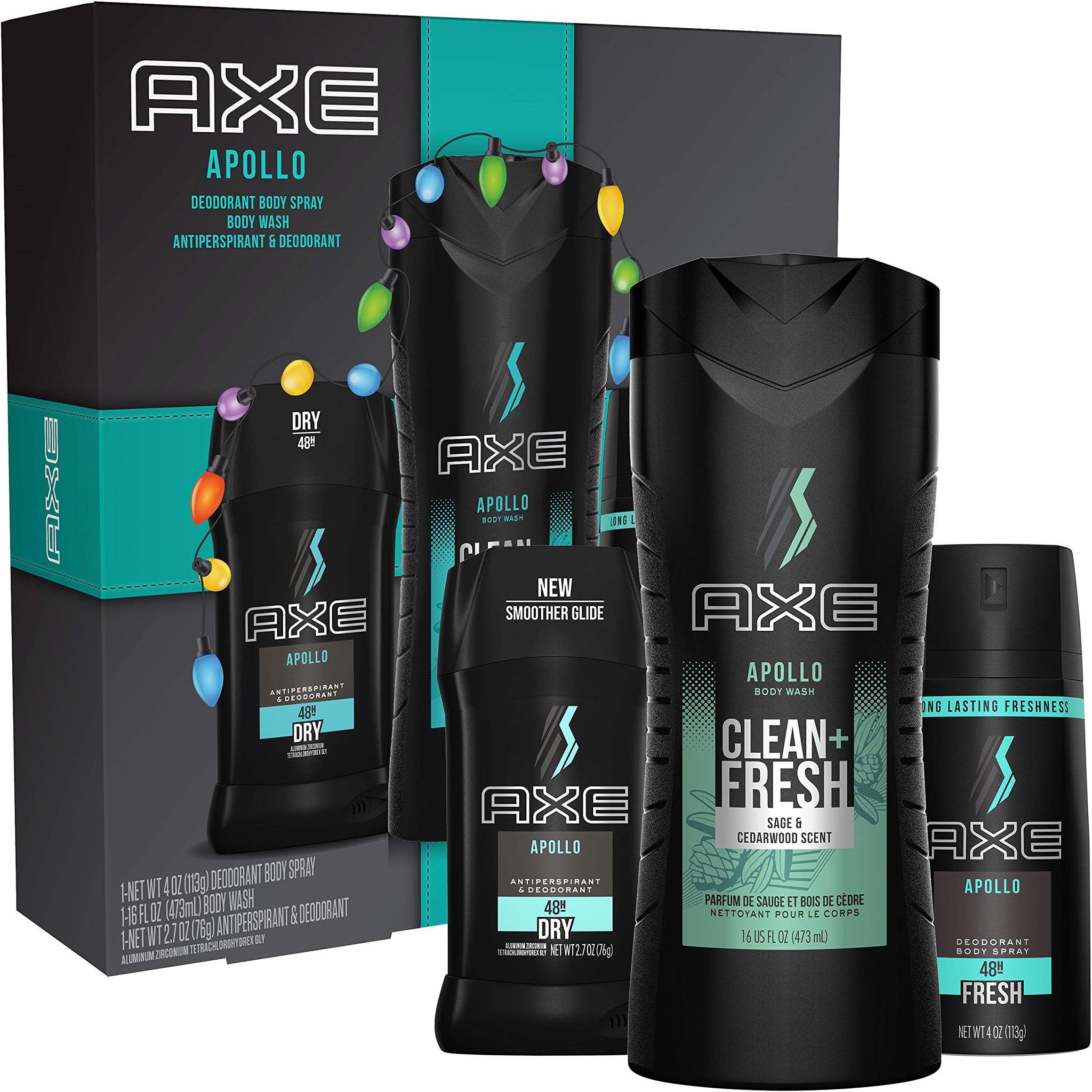 Apollo Gift Set With Body Spray, Antiperspirant & Deodorant Stick and Body Wash for Grooming for Holiday 3 count