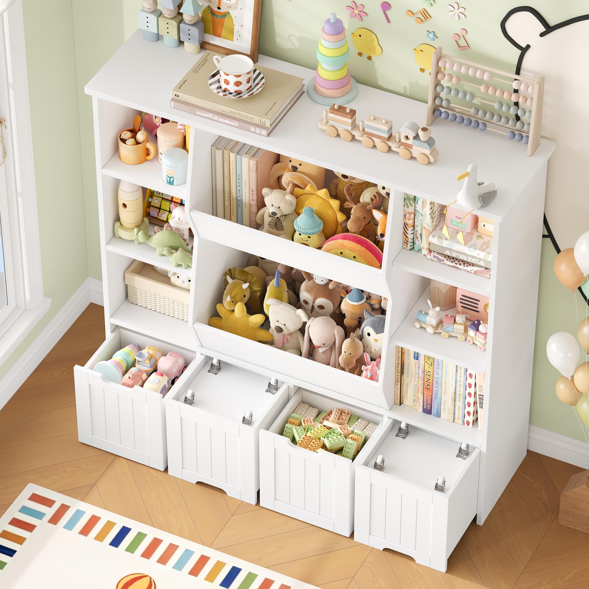 FOREHILL Mueble Organizador Juguetes, Mueble Almacenaje Juguetes, Estanteria Montessori, Organizador de Juguetes Infantil, Estanteria Infantil, 4 Cajones con Ruedas, 8 Compartimentos, Blanco