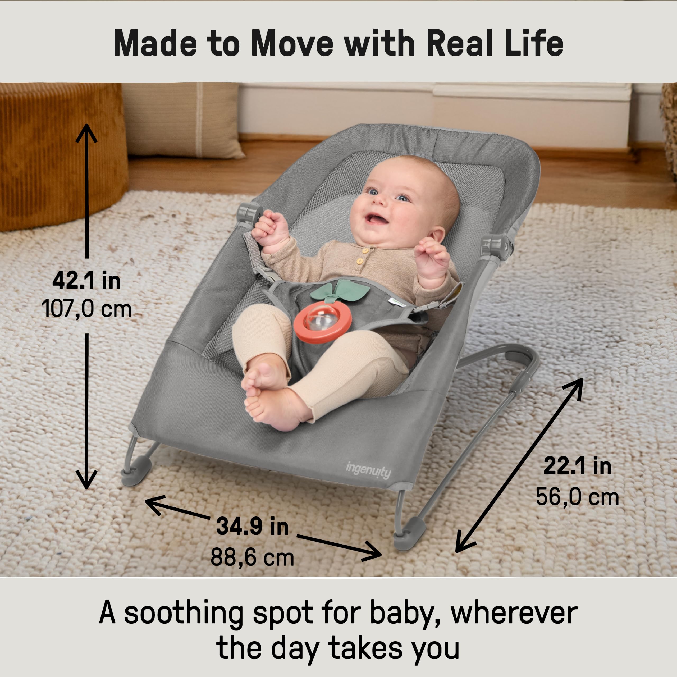 Ingenuity Stow & Go kompakte Falt Babywippe, leichter tragbarer Sitz mit Vibration & Spielzeug, Grau,