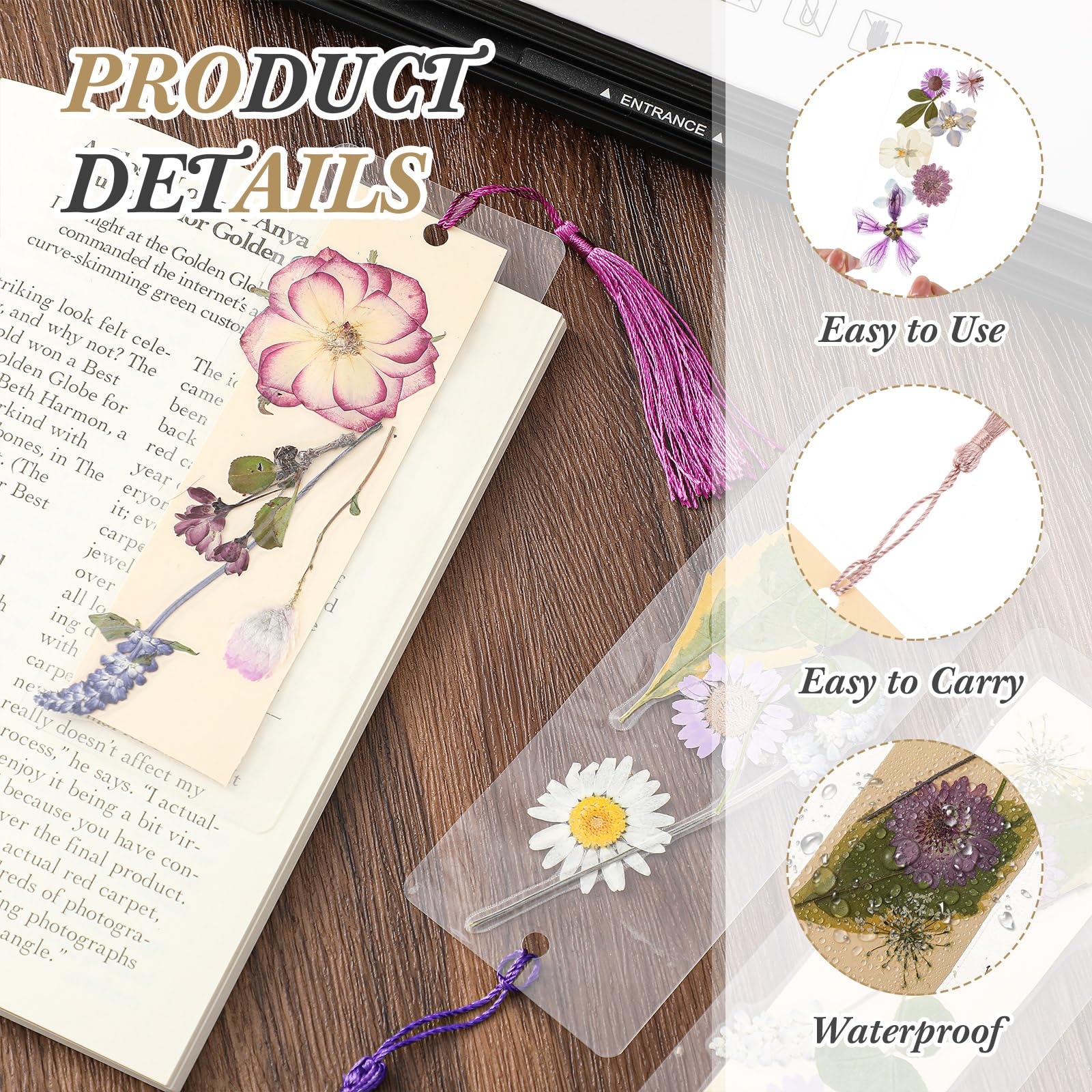 Fuyoooo Kit da 150 segnalibri con fiori secchi, 2 buste trasparenti per laminazione per segnalibro da 15 cm, per la festa della mamma, amanti dei libri (viola)