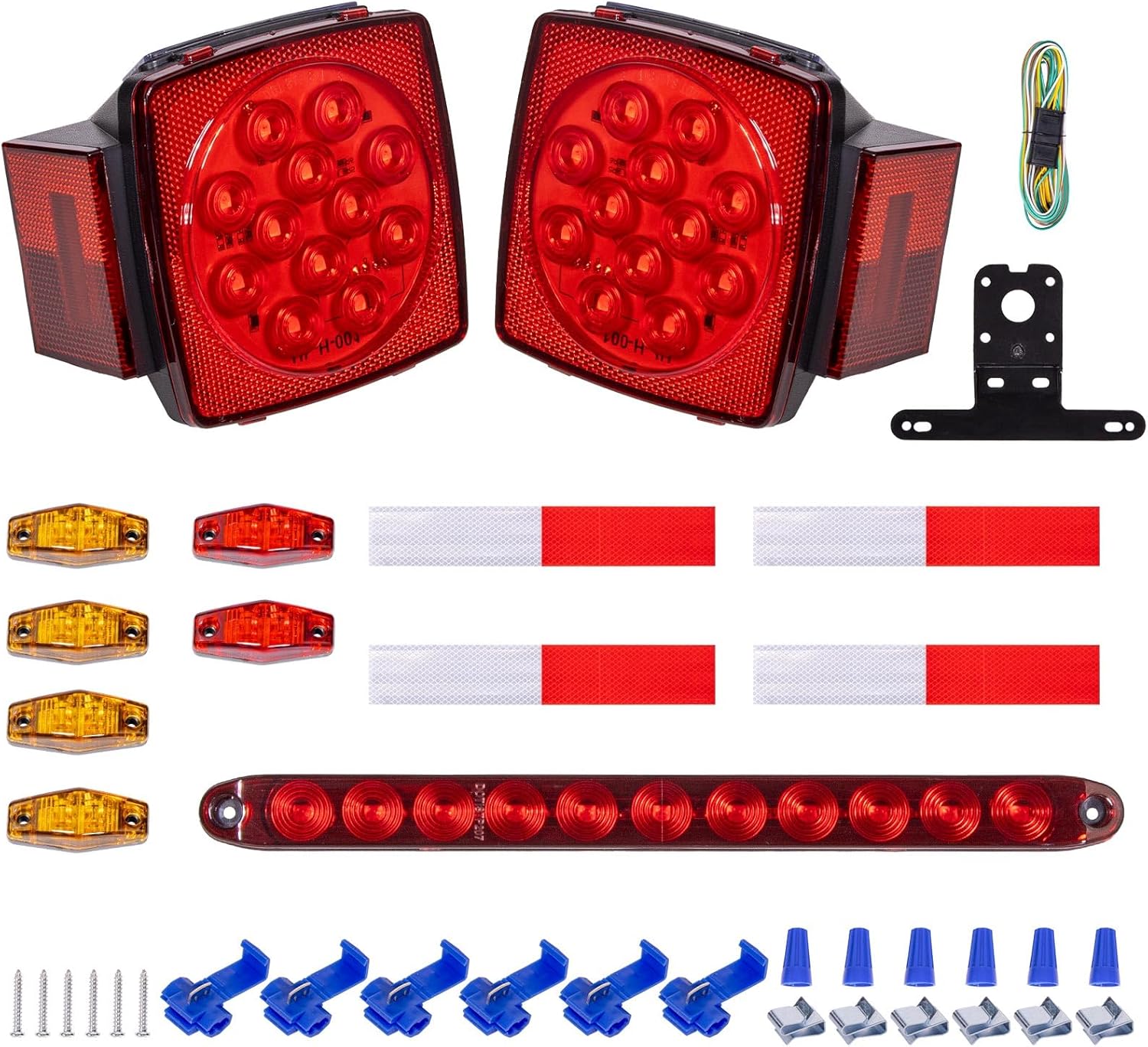 Road Hawk 12V LED Trailer Tail Lights Kit,Submersible Boat Trailer Lights with DOT Approved,Square LED Trailer Tail Light with Red/Amber Side Fender Marker Lamps for Under 80Inch Trailer Boat Truck RV