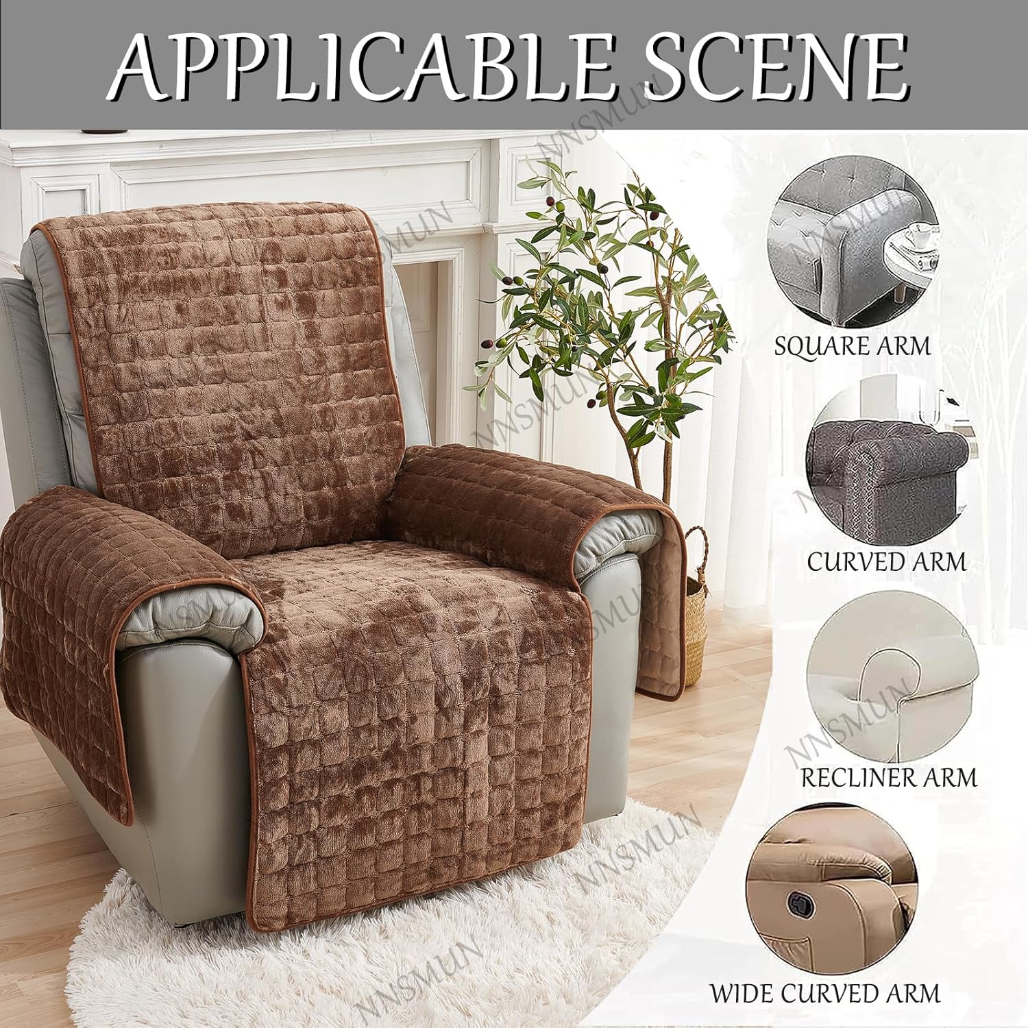 Sofa Armrest Cover, Winter Plush Armrest Chair Covers, Headrest Cover for Recliner Chair Arm Cover, Nonslip Armrest Slipcover Furniture Protector for Recliner, Chair, Sofa (Coffee,1 seat(53*190CM))
