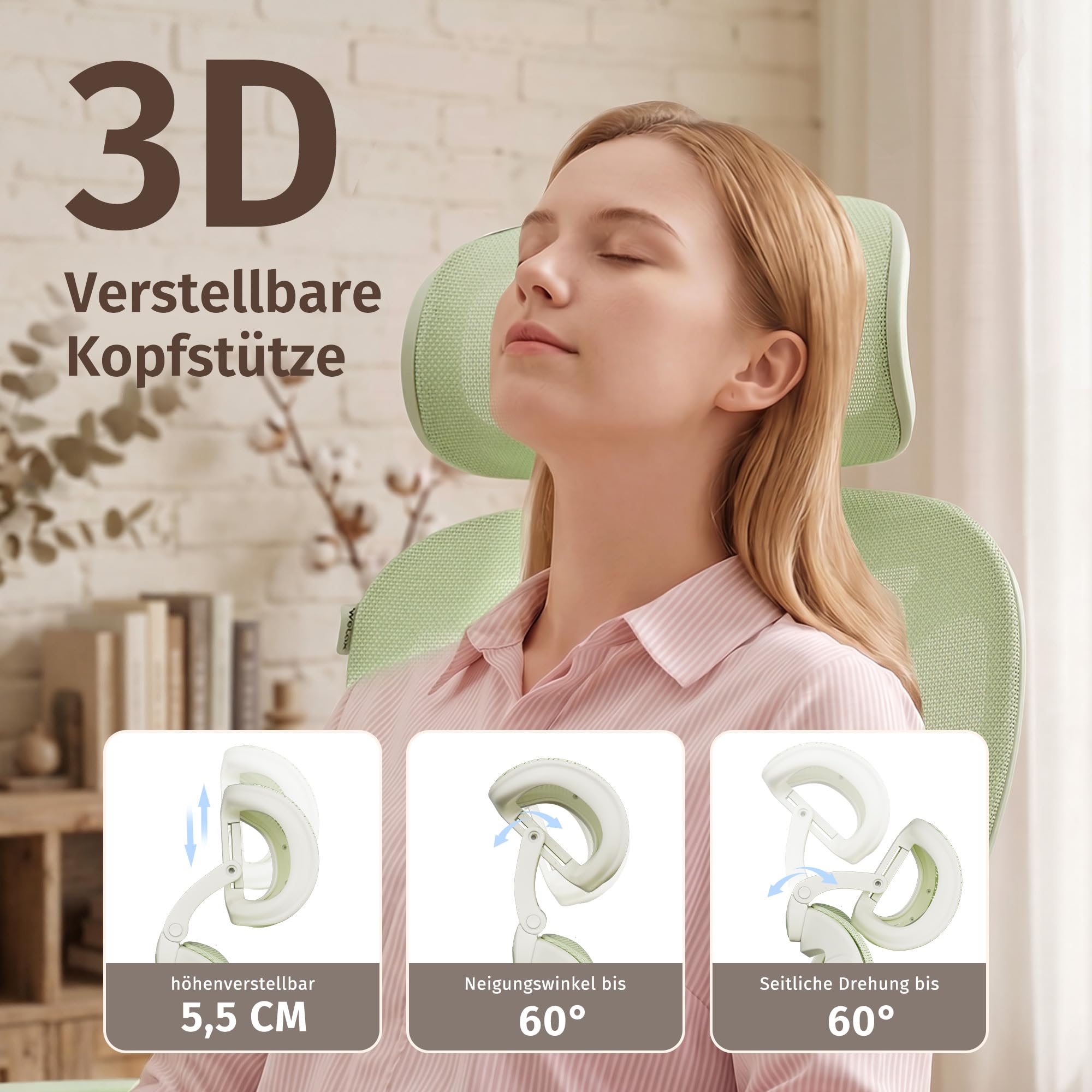 WELAX S3 Pro Ergonomischer Bürostuhl mit Netzbezug, Fußstütze und Verstellbarer Kopfstütze – Hochlehniger Schreibtischstuhl mit Lendenwirbelstütze für Homeoffice, Computer und Gaming, Grün