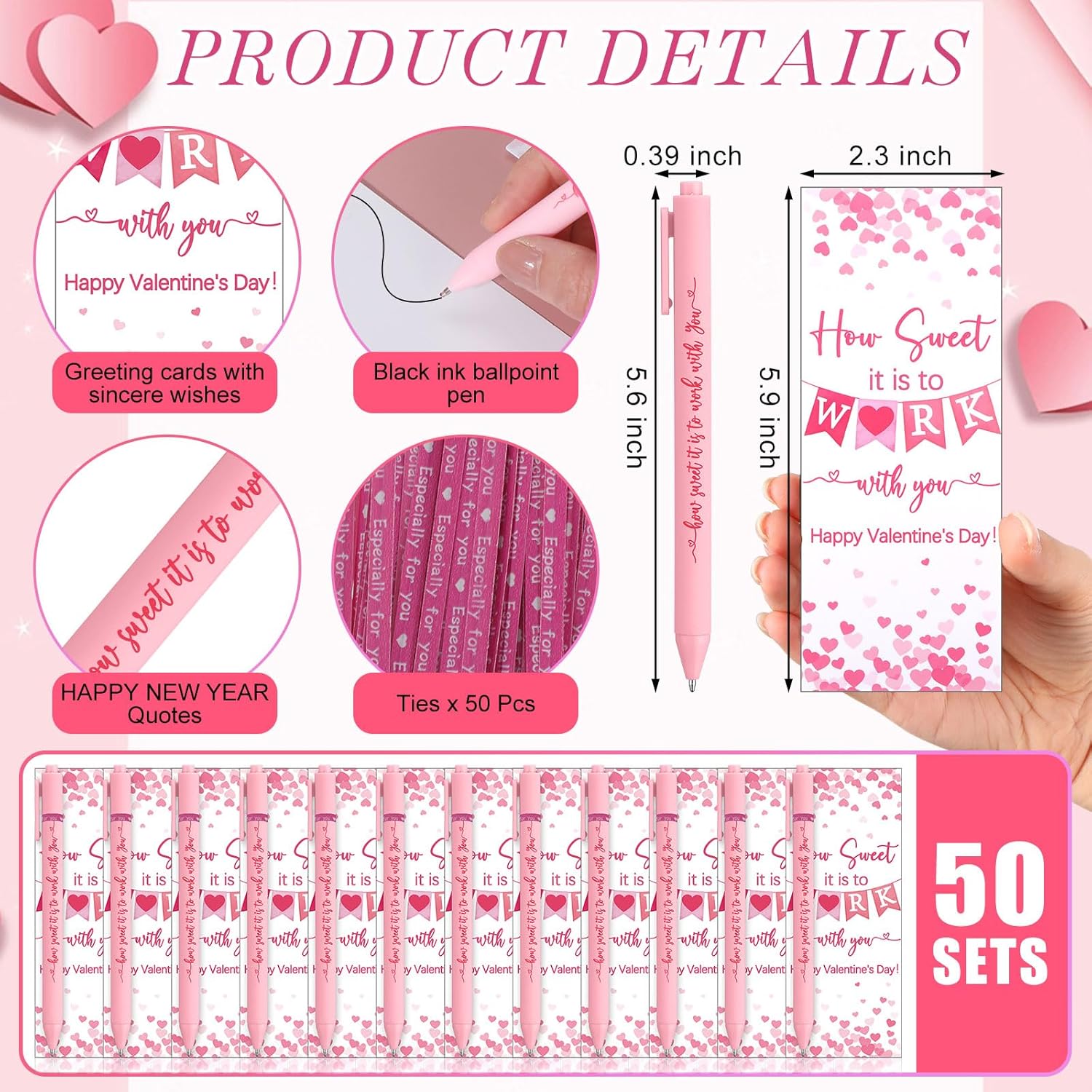 Resurhang 50 Set Valentines Appreciation Gifts for Employees Bulk with Greeting Cards Team Gift Ballpoint Pen Thank You Greeting Cards Valentine Party Favors for Coworker Colleague Teacher Nurse