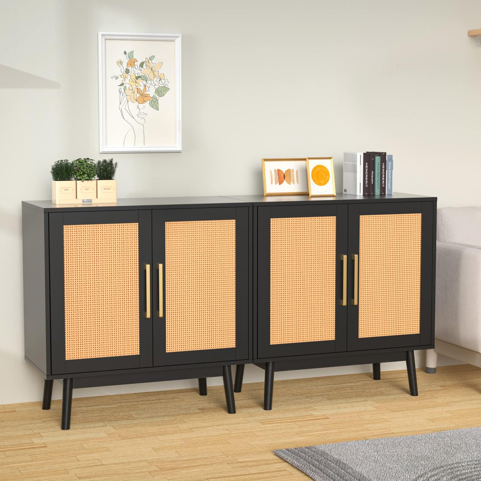 CARPETNAL Set of 2 Sideboard with Rattan Doors and Adjustable Shelves, Rattan Buffet Cabinet with Storage for Living Room, Entryway, Kitchen, Hallway (Black)