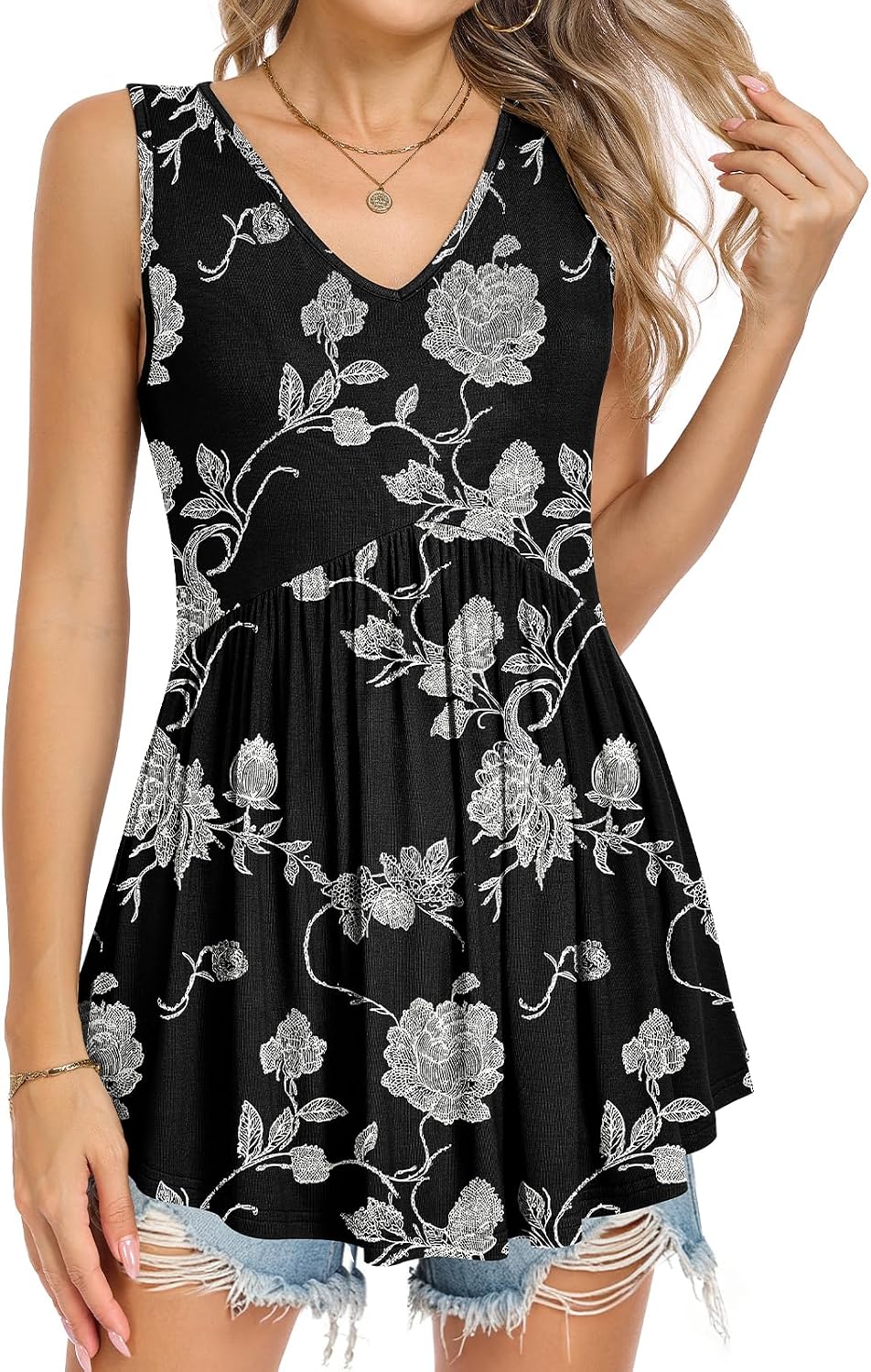 Women Tank Tops 2026 Summer Sleeveless V Neck Tunic Blouse Loose Fit Pleated Flowy Floral Print Shirts S-3XL