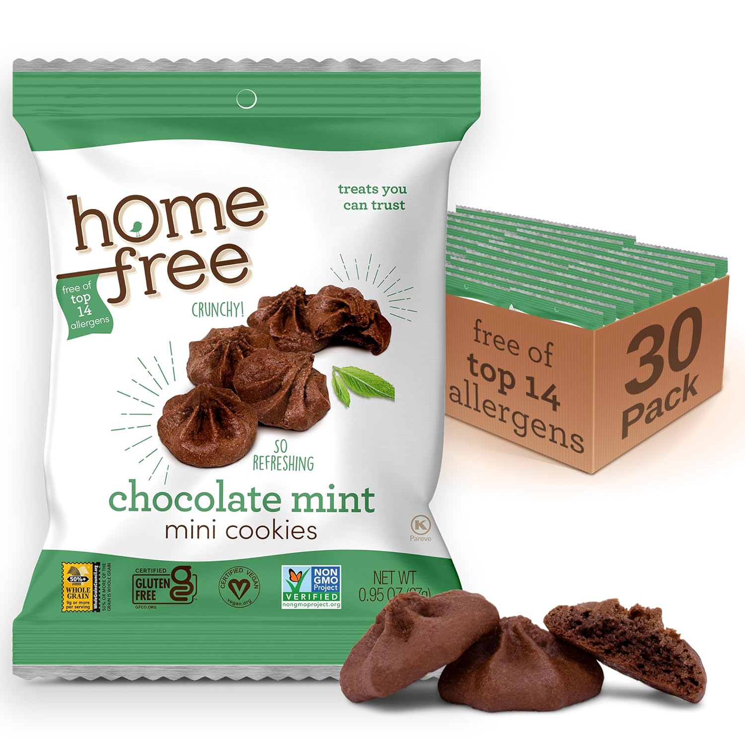 Homefree Chocolate Mint Mini Cookies, Gluten Free, Nut Free, Vegan, Individually Wrapped Packs, School Safe and Allergy Friendly Snack, 0.95 oz. (Pack of 30)