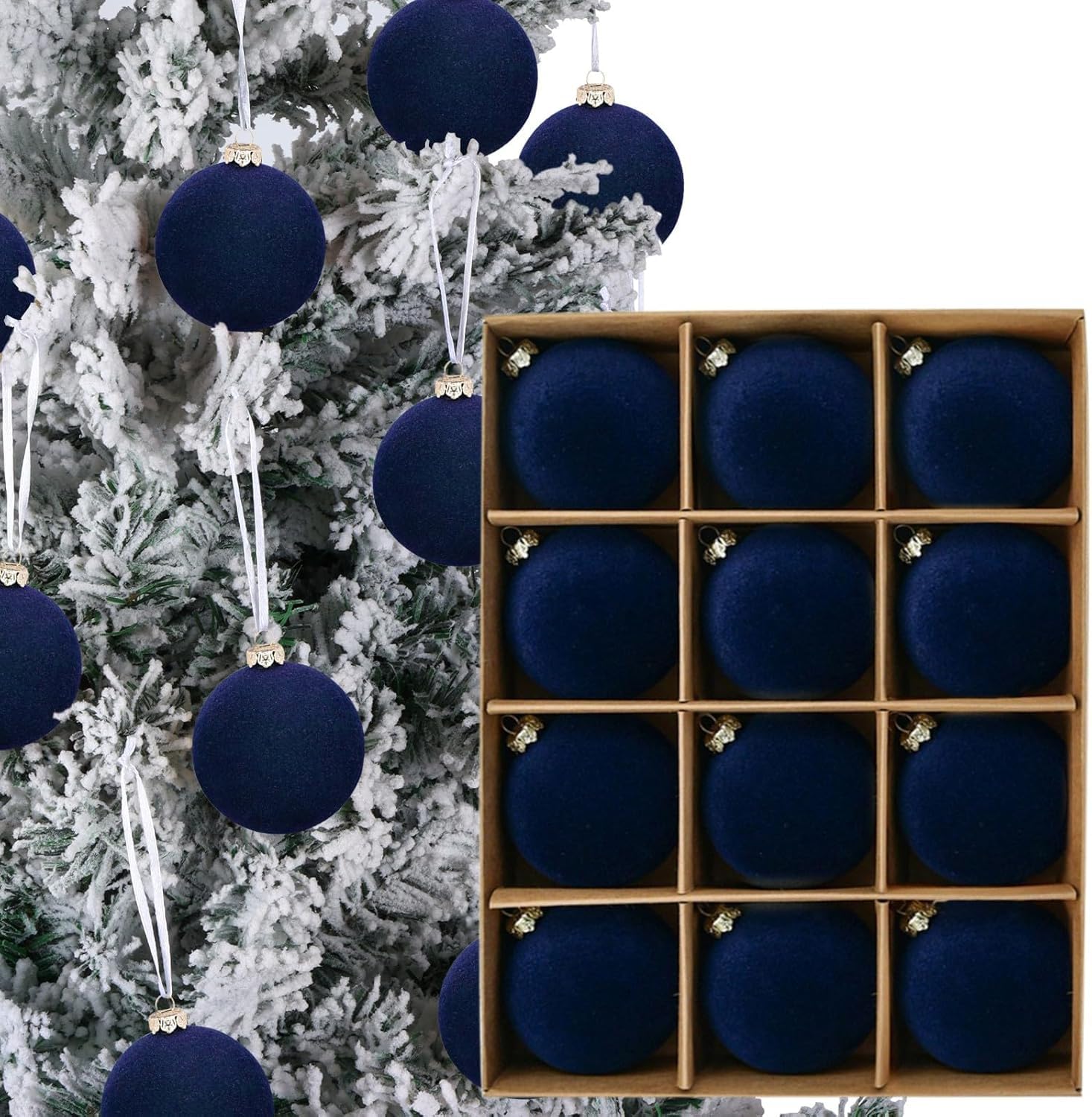 12PCS Christmas Tree Ornaments Velvet Balls, 2.4Inch Velvet Christmas Ornaments Hanging Ball Decoration, Flocked Shatterproof Xmas Bulbs Decorations for Wedding Christmas Party (Dark Blue)