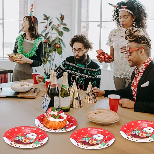 Miniatura 6 de PUEVENYI 50 platos de papel de Navidad desechables de 7 pulgadas, vajilla colorida para fiestas de Navidad, vajilla decorativa (rojo01)