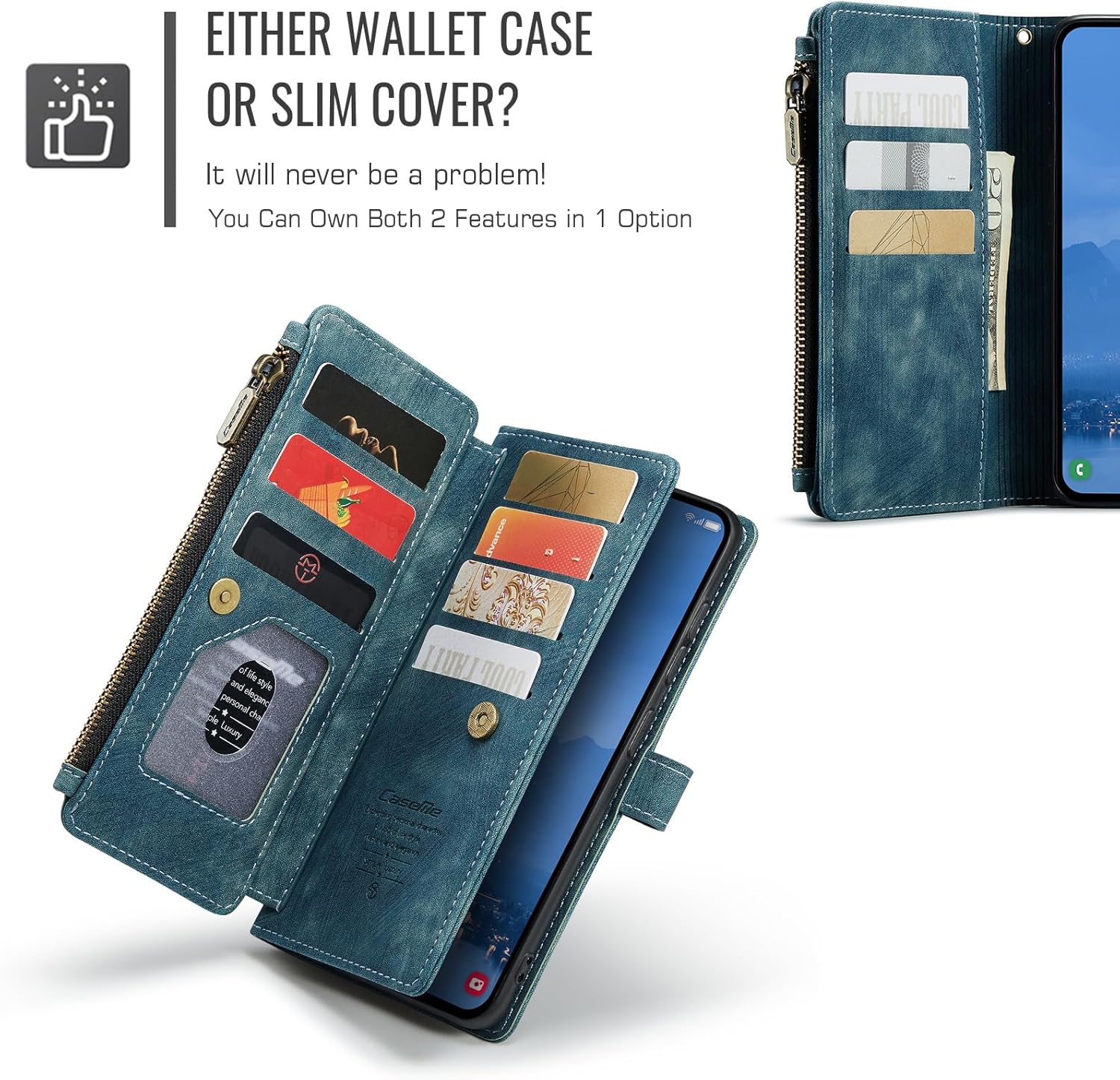 Samsung Galaxy S25 FE 5G Wallet Case with Card Holder Kickstand Magnetic Zipper Pocket Lanyard Strap Wristlet,Leather Flip Case Wallet for Samsung Galaxy S25 FE 5G 6.7 Inch (Blue)