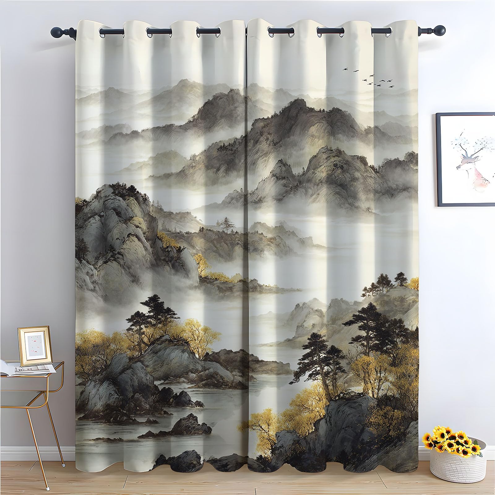 WQBQKKX Abstract Line Curtains for Living Room Ink Painting Thermal Insulated Blackout Curtains Botanical Print Pattern Window Drapes for Living Room-52 W x 108" L (Pack of 2)