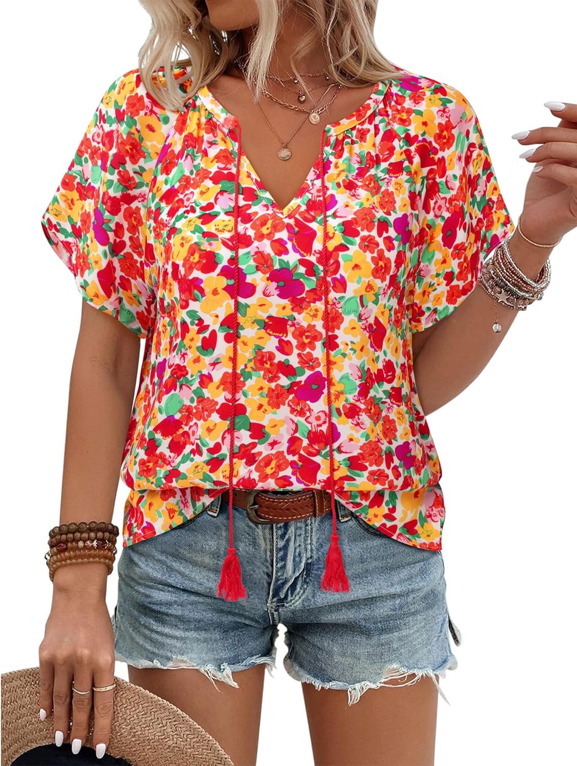 Unixseque Summer Tops for Women Casual Boho Blouses Short Sleeve V Neck Shirts Tie Front 2025 Trendy Beach Vacation Clothes